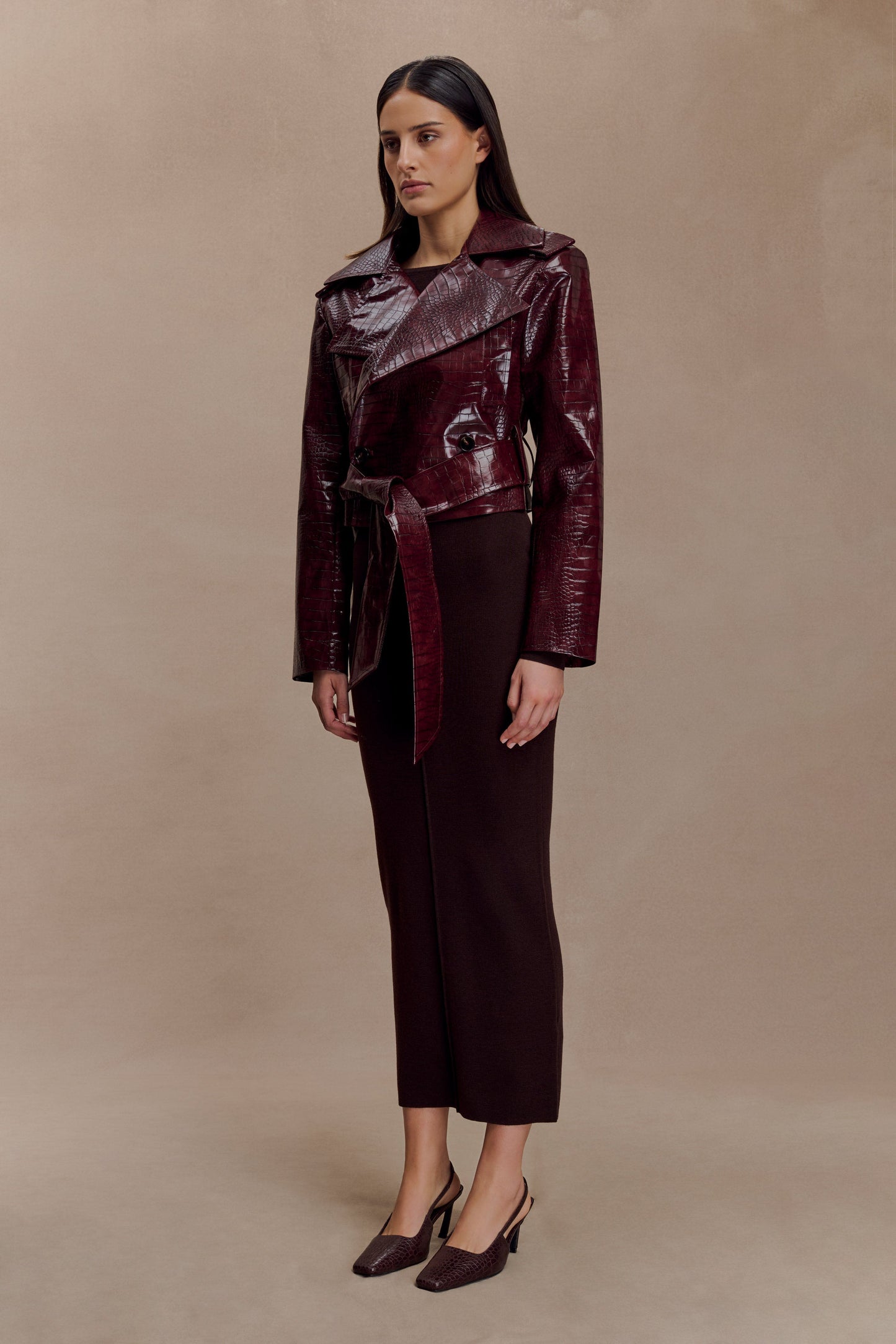 Archie Croc Faux Leather Cropped Jacket - Burgundy