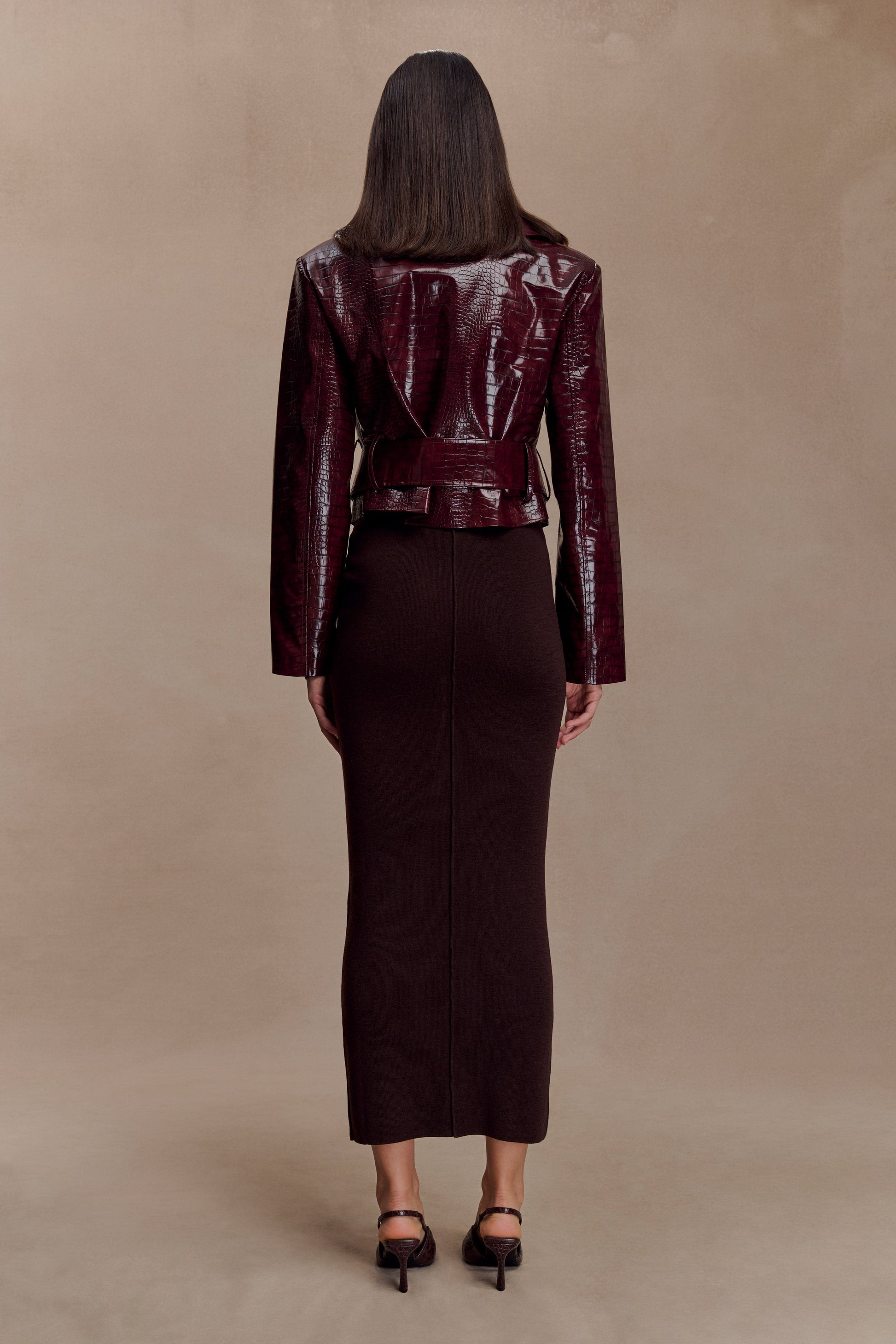 Archie Croc Faux Leather Cropped Jacket - Burgundy #6