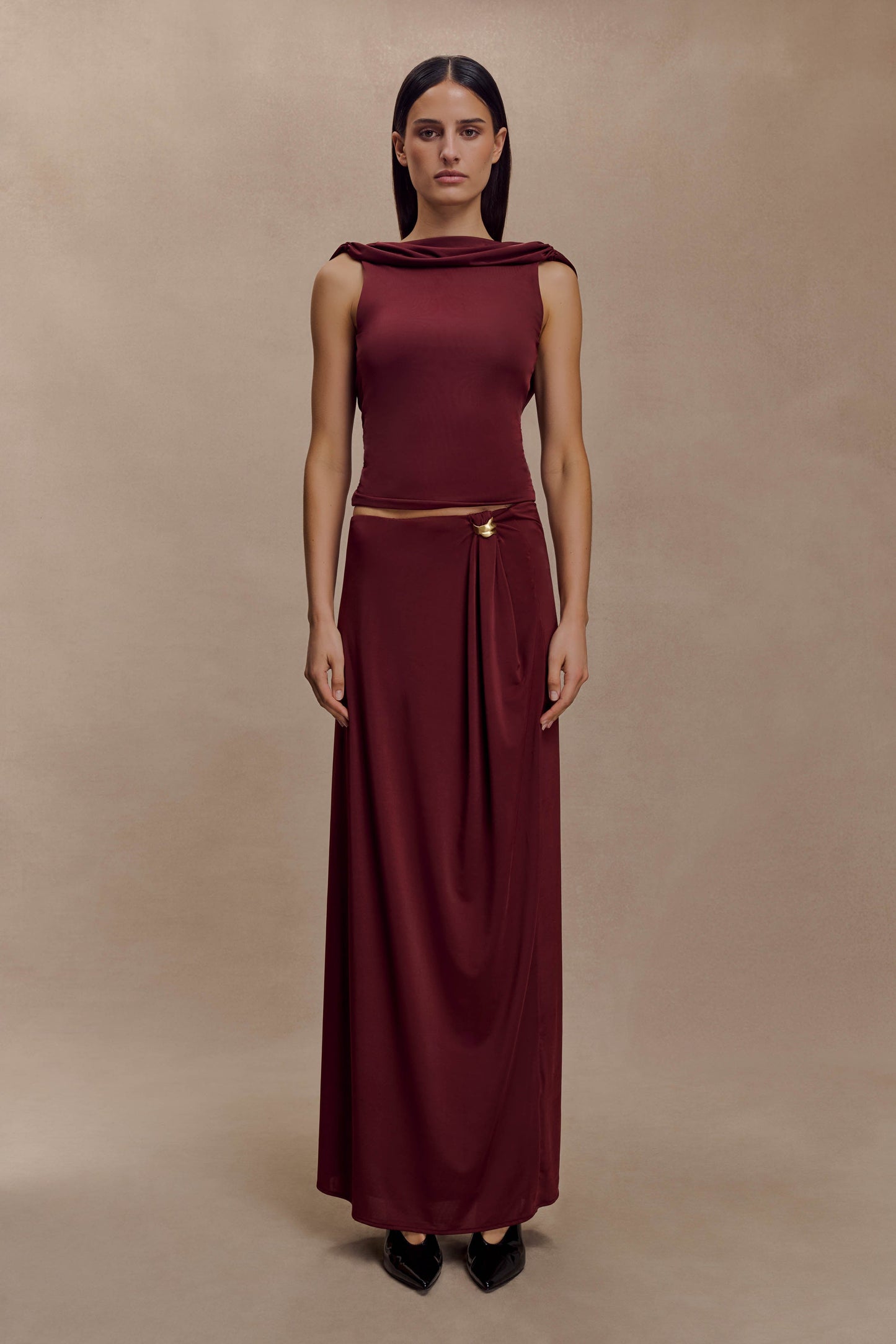 Bridget Slinky Maxi Skirt With Hardware - Burgundy