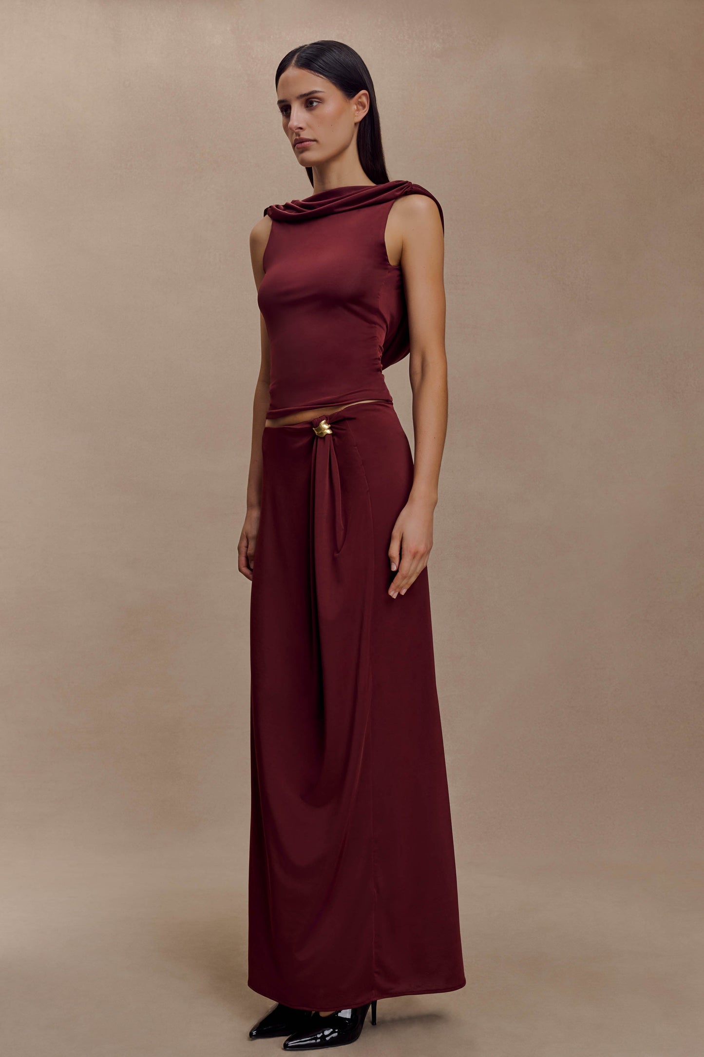Bridget Slinky Maxi Skirt With Hardware - Burgundy