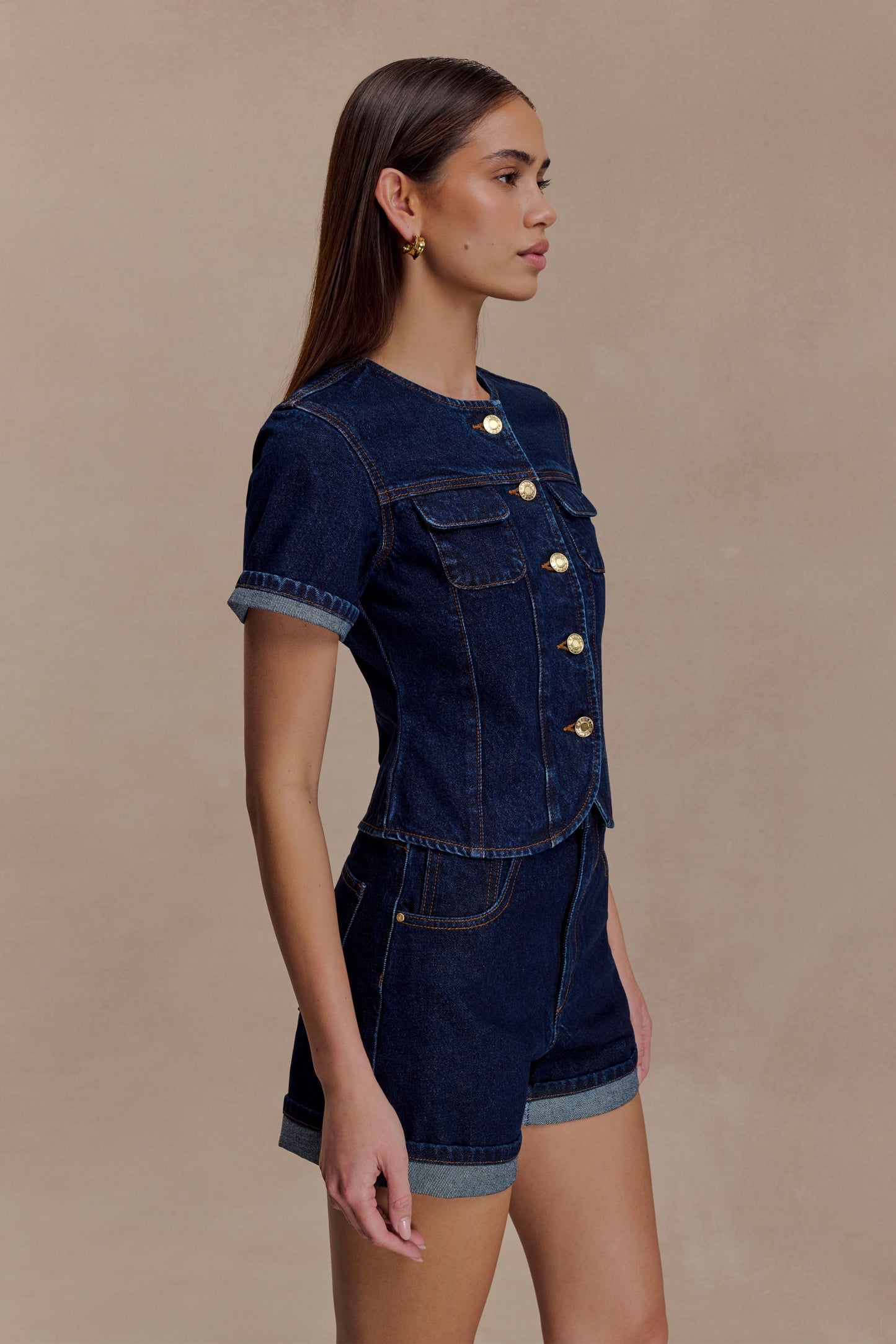 Marge Fitted Denim Short Sleeve Top - Indigo Blue