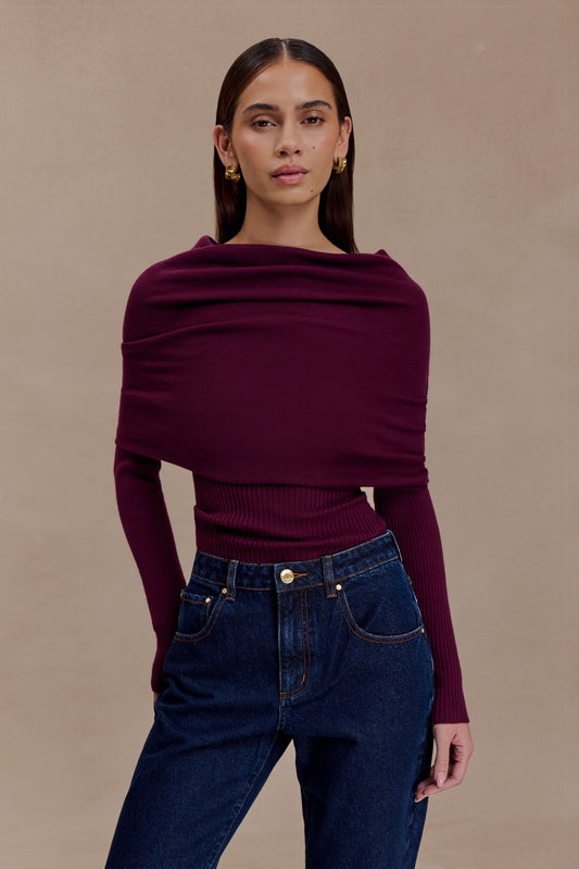 Mazie Asymetrical Cashmere Blend Long Sleeve Knit Top - Plum