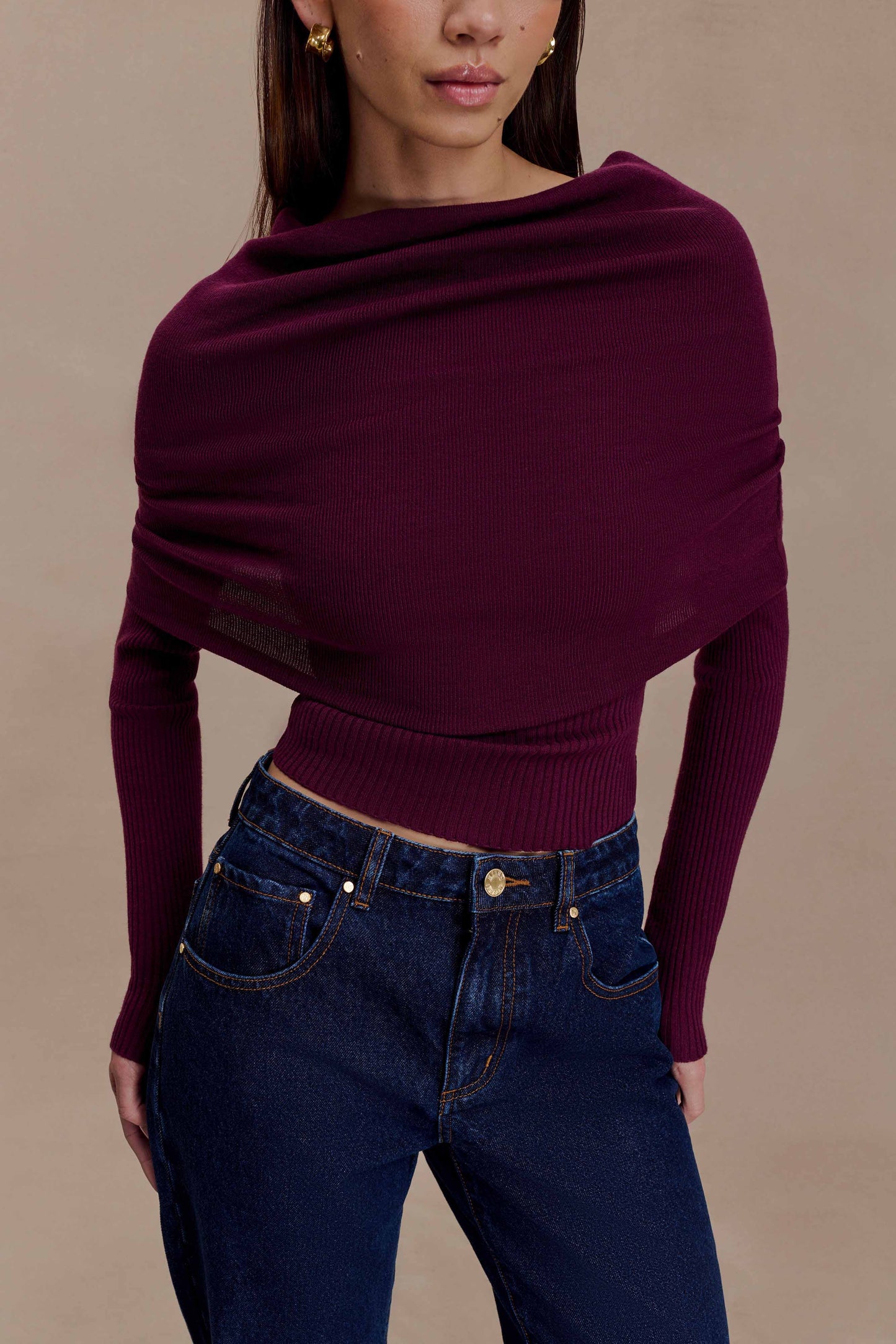 Mazie Asymetrical Cashmere Blend Long Sleeve Knit Top - Plum