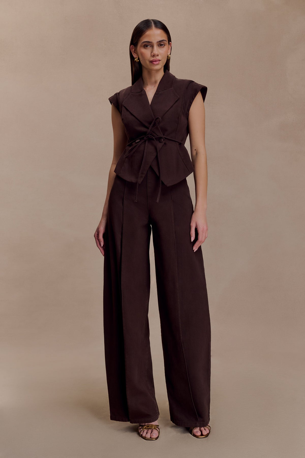 Charley Structured Tie Denim Top - Chocolate
