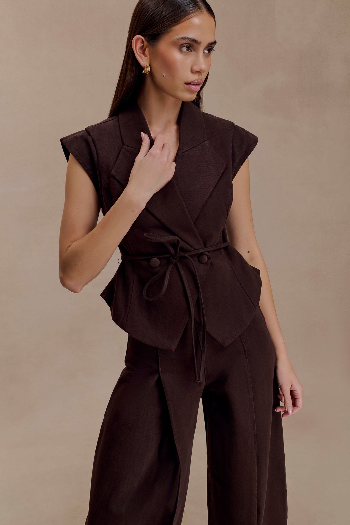Charley Structured Tie Denim Top - Chocolate