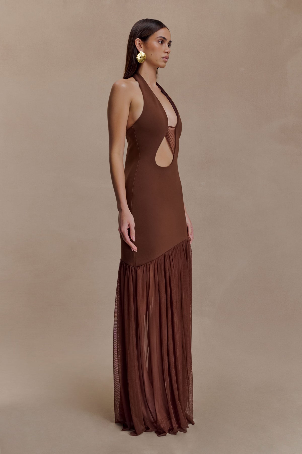 Aubree Crepe And Mesh Maxi Dress - Chocolate/Mocha