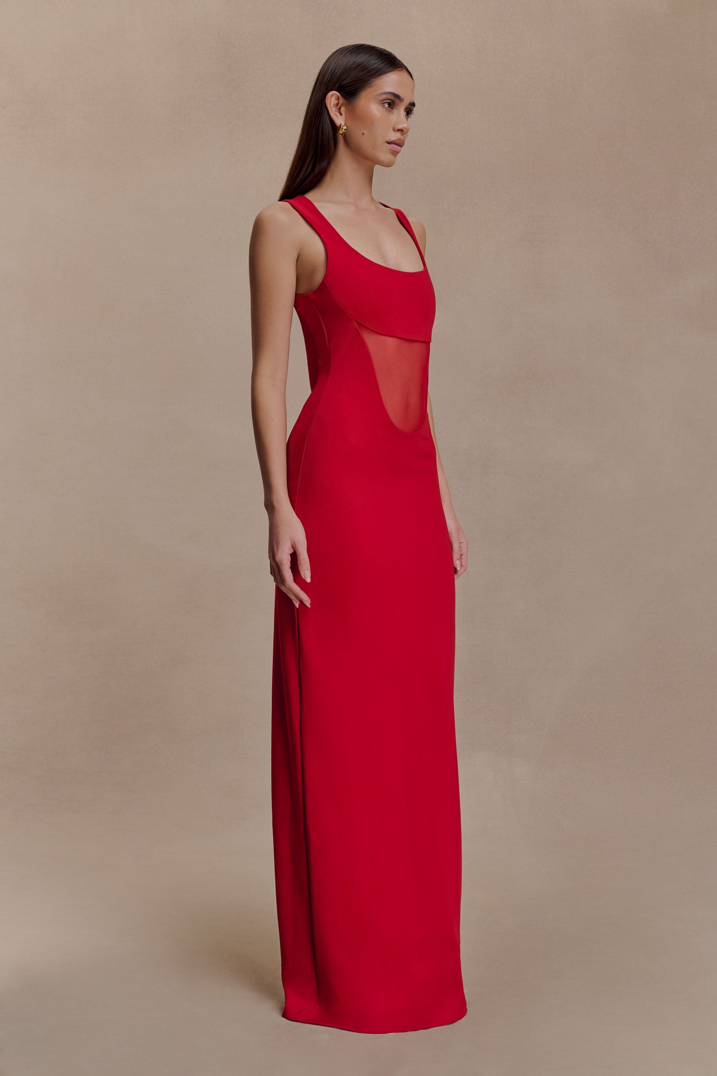 Marlon Crepe And Mesh Maxi Dress - Cherry Red