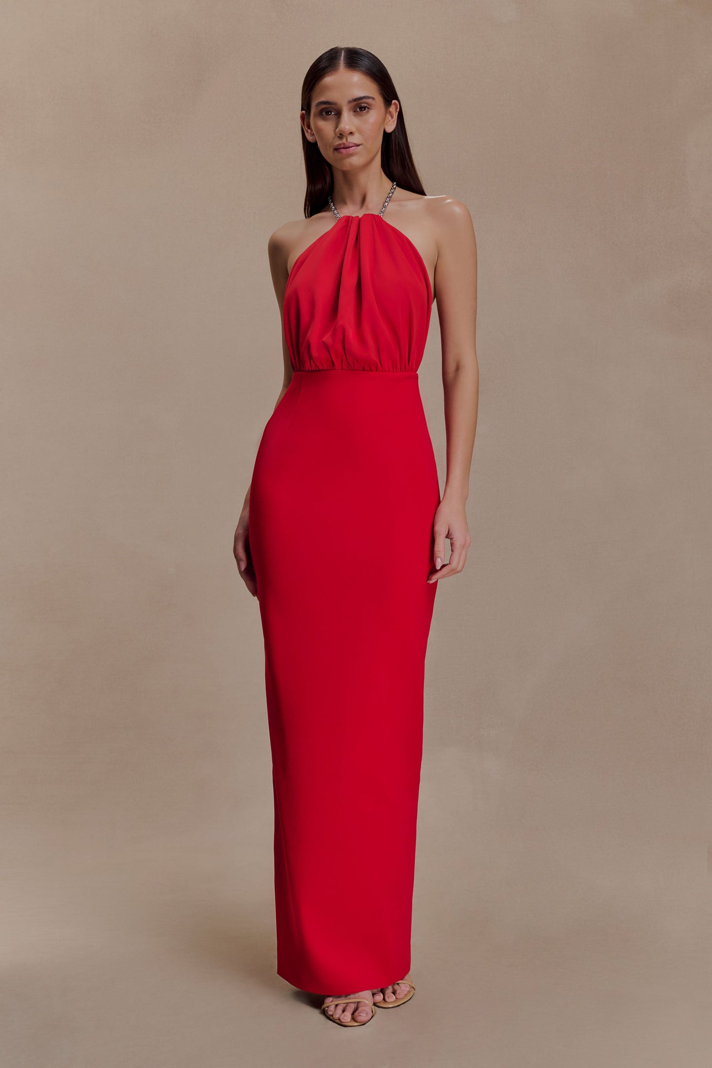 Elina Satin Necklace Maxi Dress - Red
