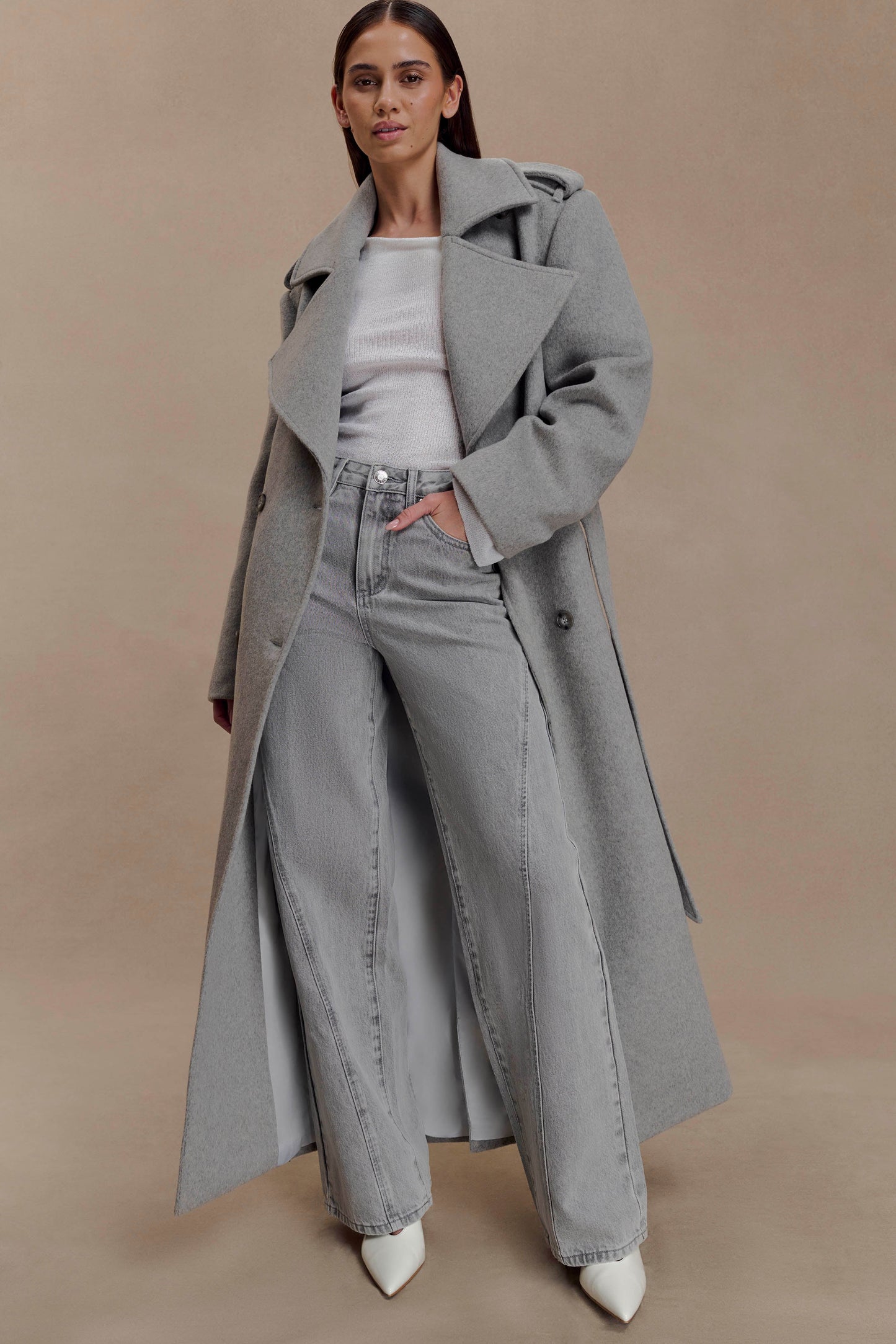 Levi Long Trench Wool Coat - Grey Marle