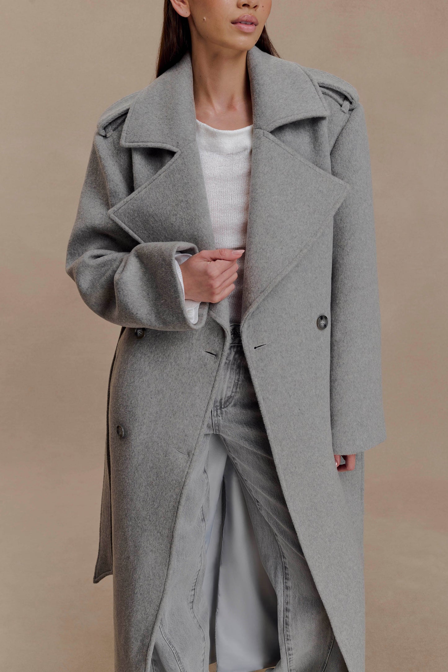 Levi Long Trench Wool Coat - Grey Marle