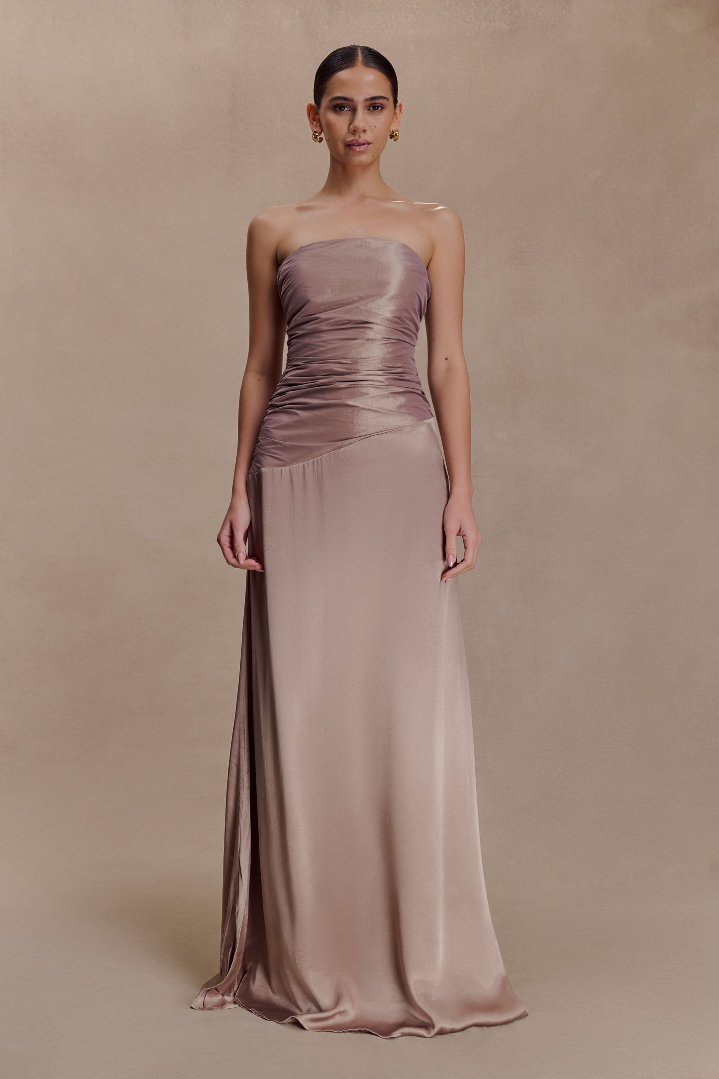 Serena Strapless Taffeta Maxi Dress - Bronze Taupe