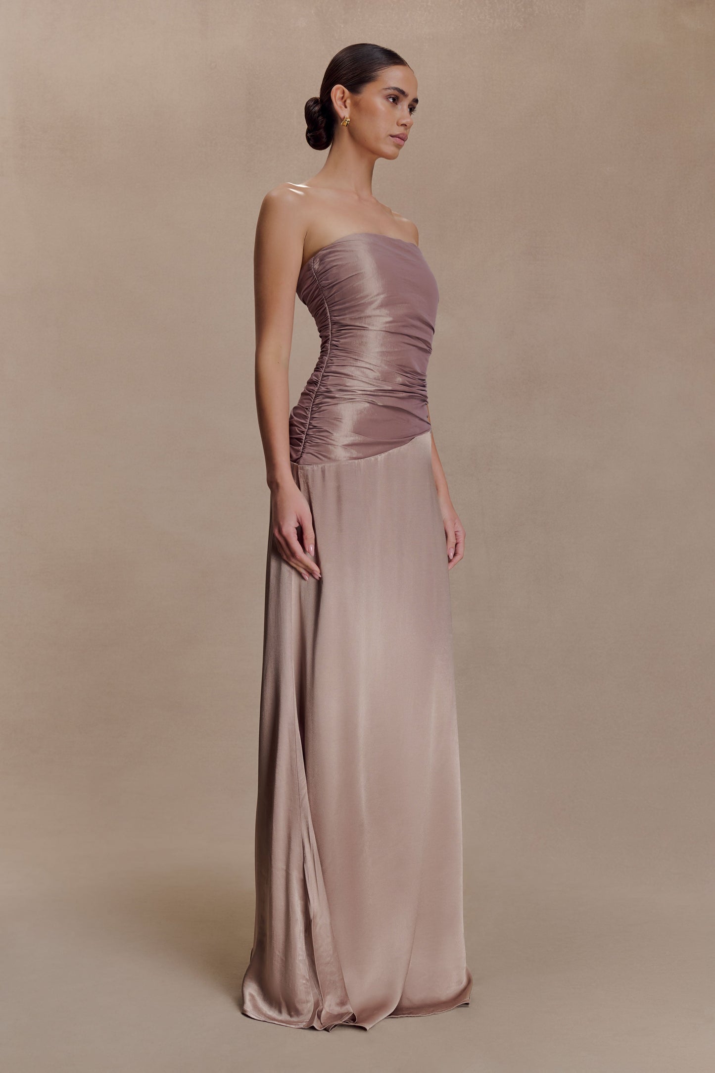 Serena Strapless Taffeta Maxi Dress - Bronze Taupe
