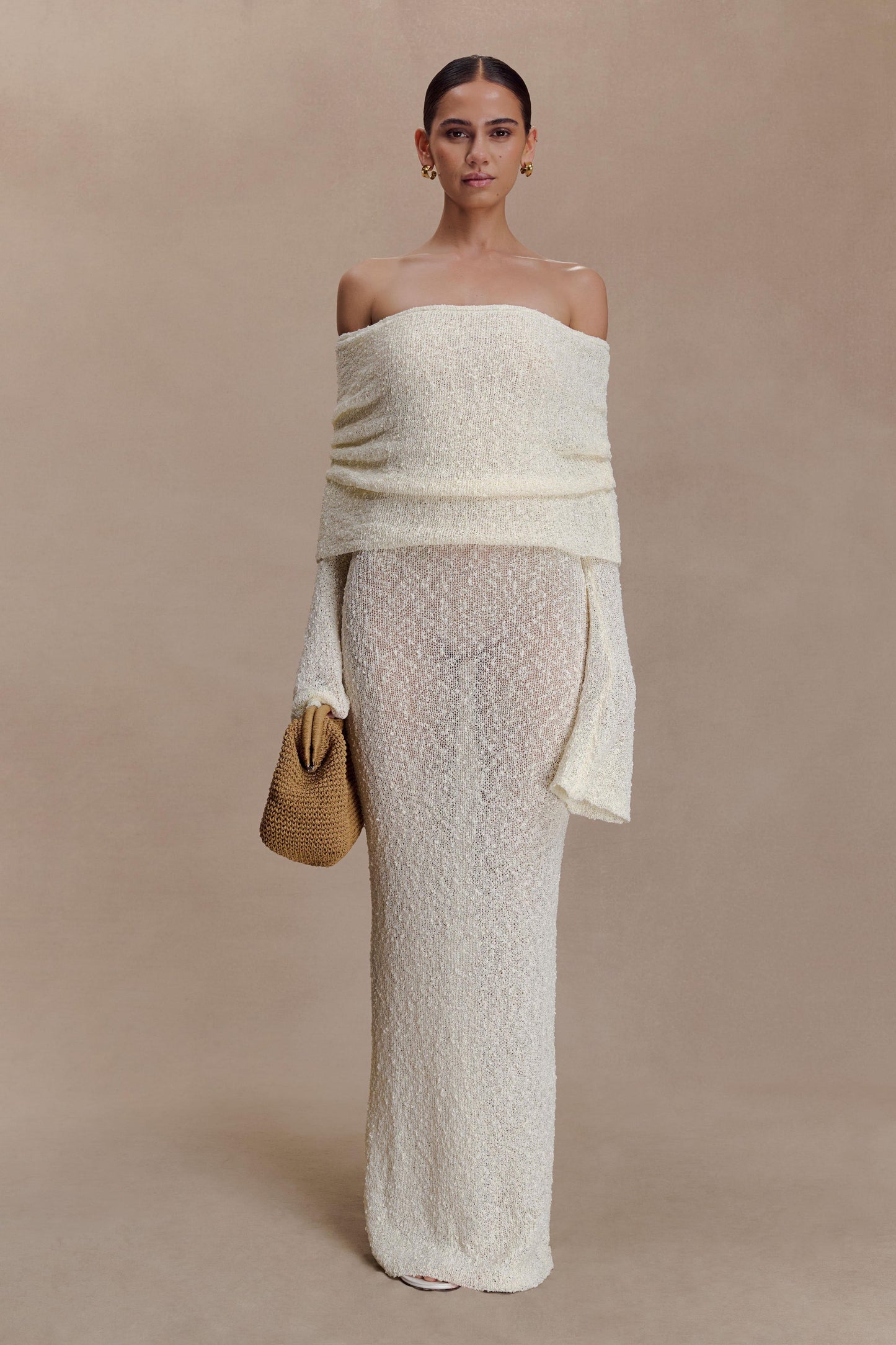 Marisol Off Shoulder Boucle Maxi Dress - Ivory