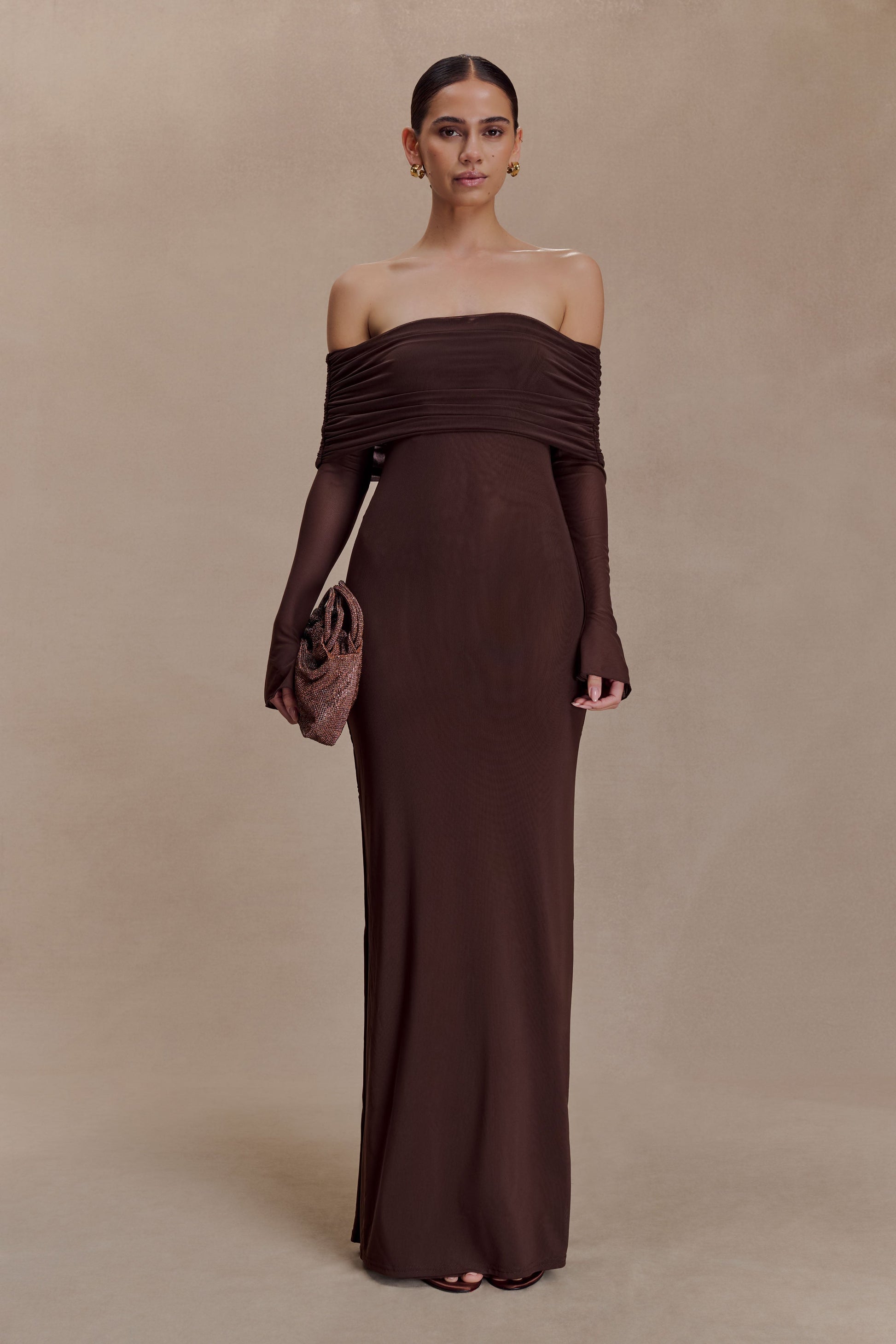 Josie Off Shoulder Mesh Maxi Dress - Dark Brown #6