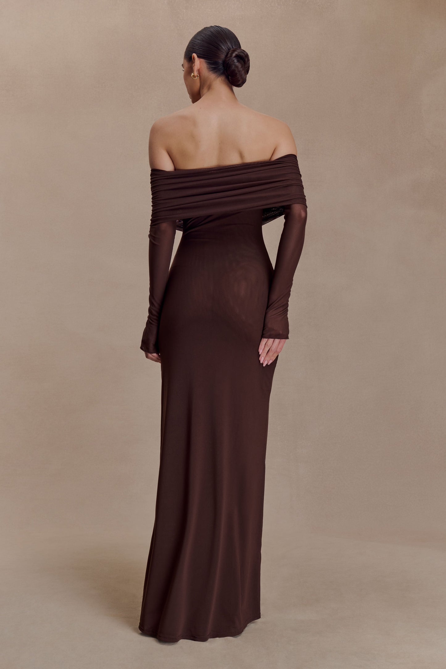 Josie Off Shoulder Mesh Maxi Dress - Dark Brown