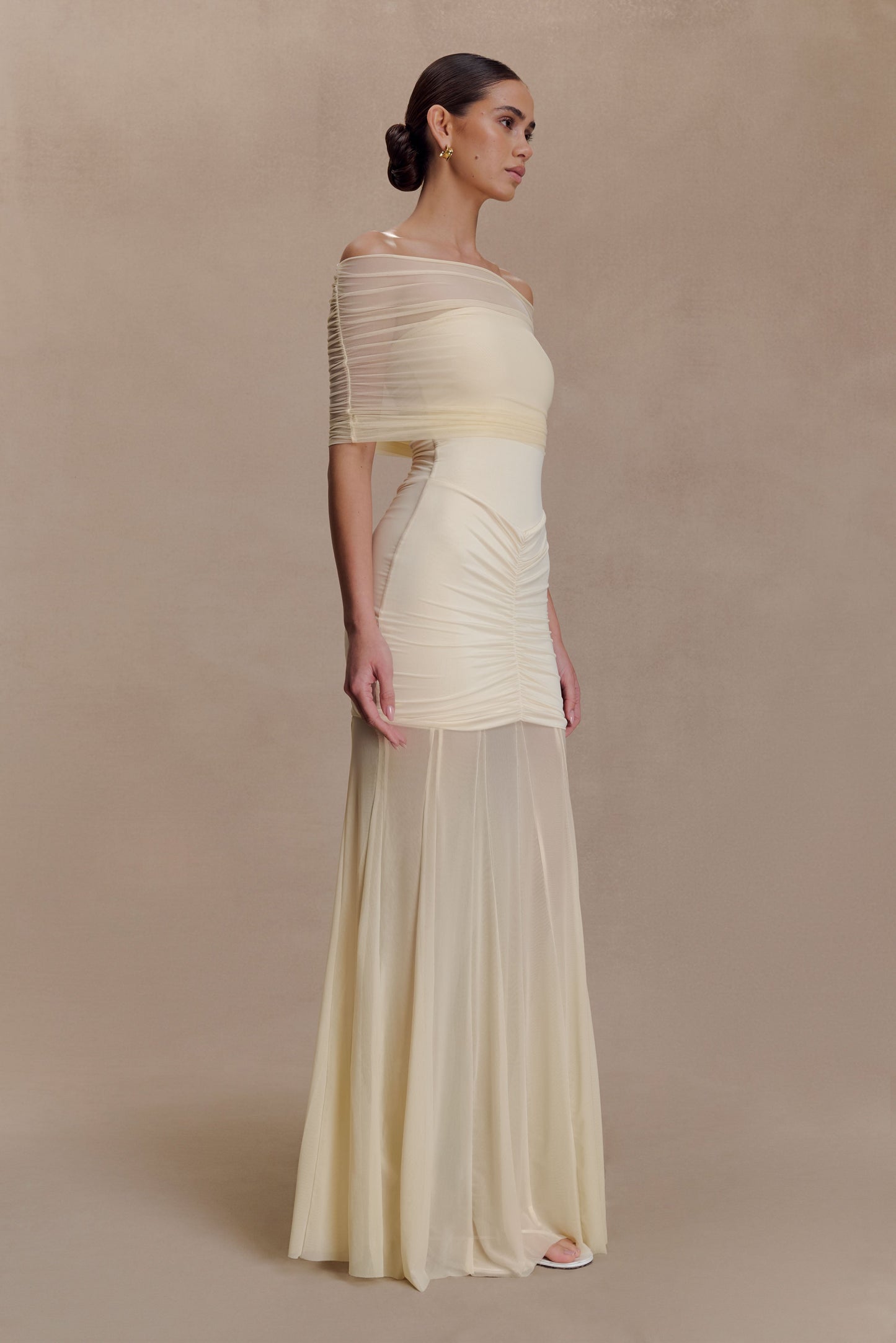 Caspian Slinky And Mesh Off Shoulder Maxi Dress - Ivory