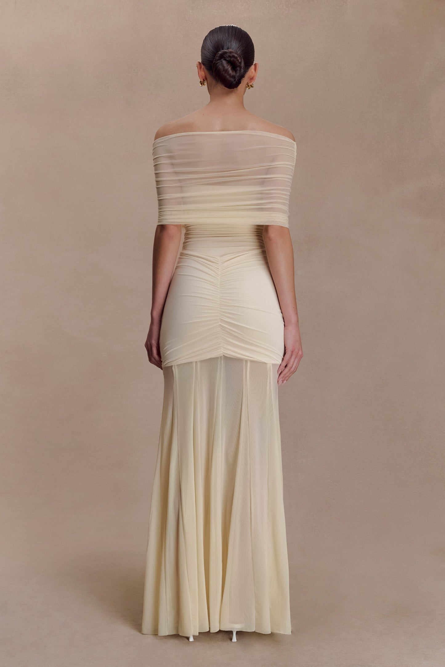 Caspian Slinky And Mesh Off Shoulder Maxi Dress - Ivory