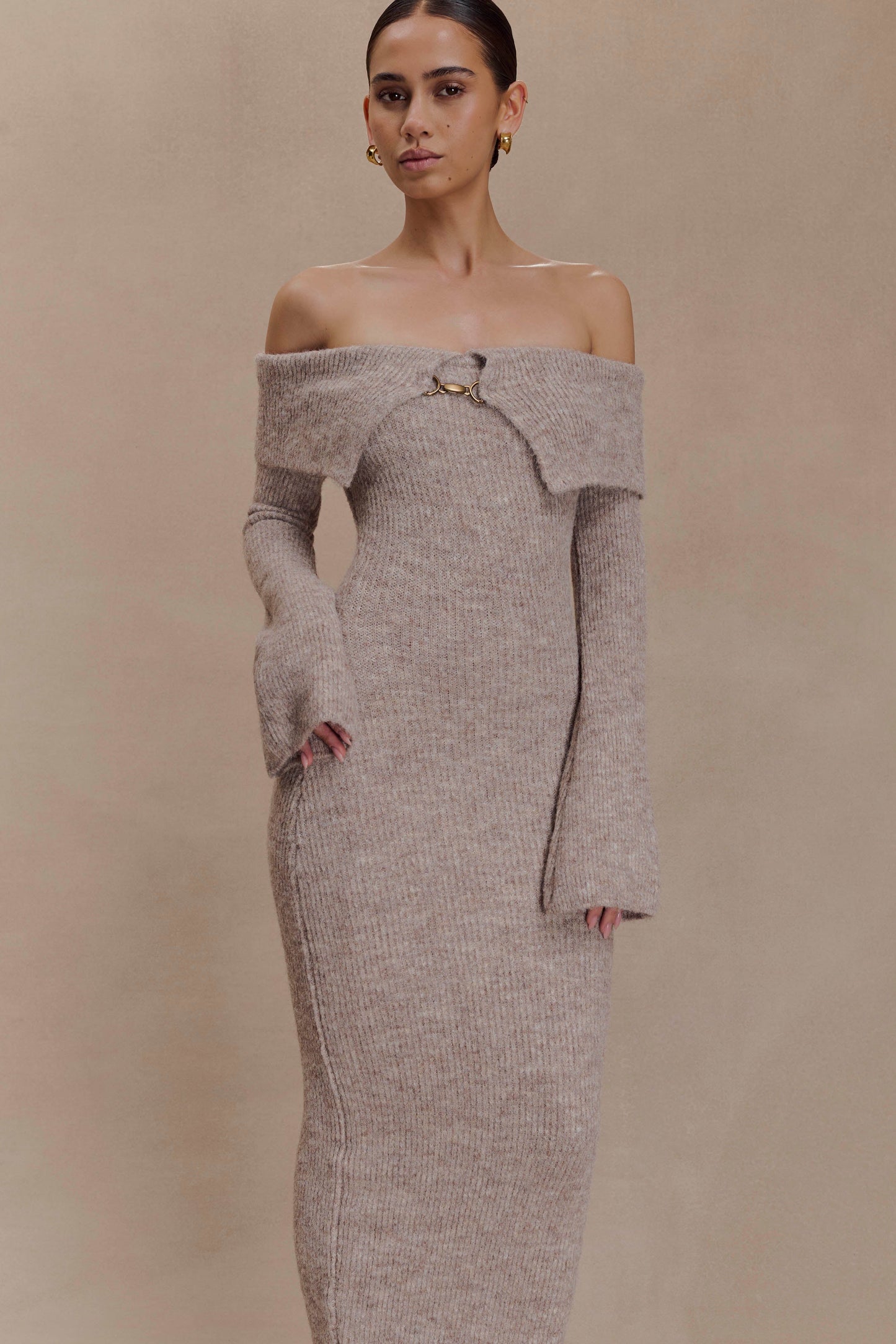 Baxter Off Shoulder Fluffy Knit Midi Dress - Taupe Marle