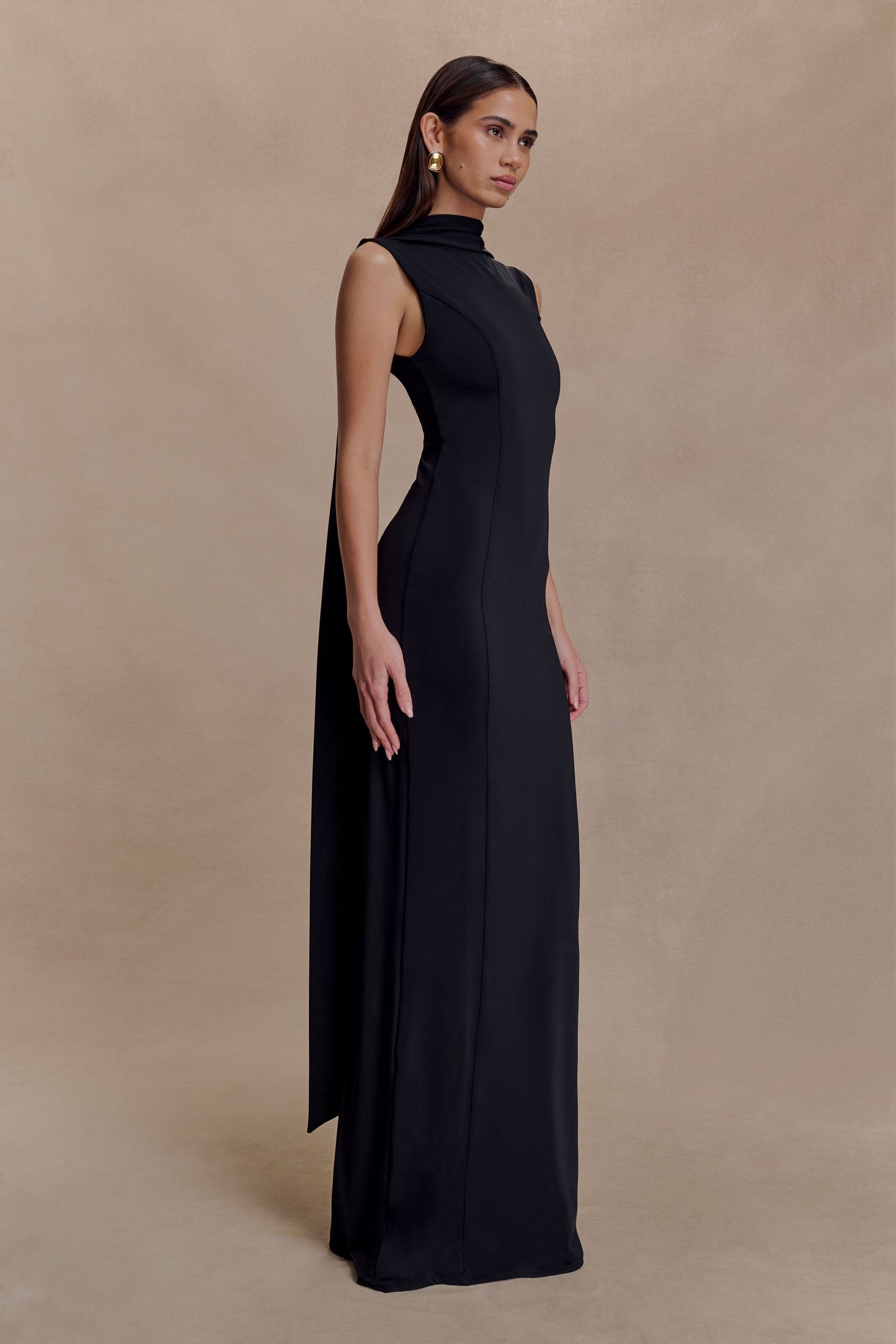 Wisteria Slinky Maxi Dress With Scarf - Black