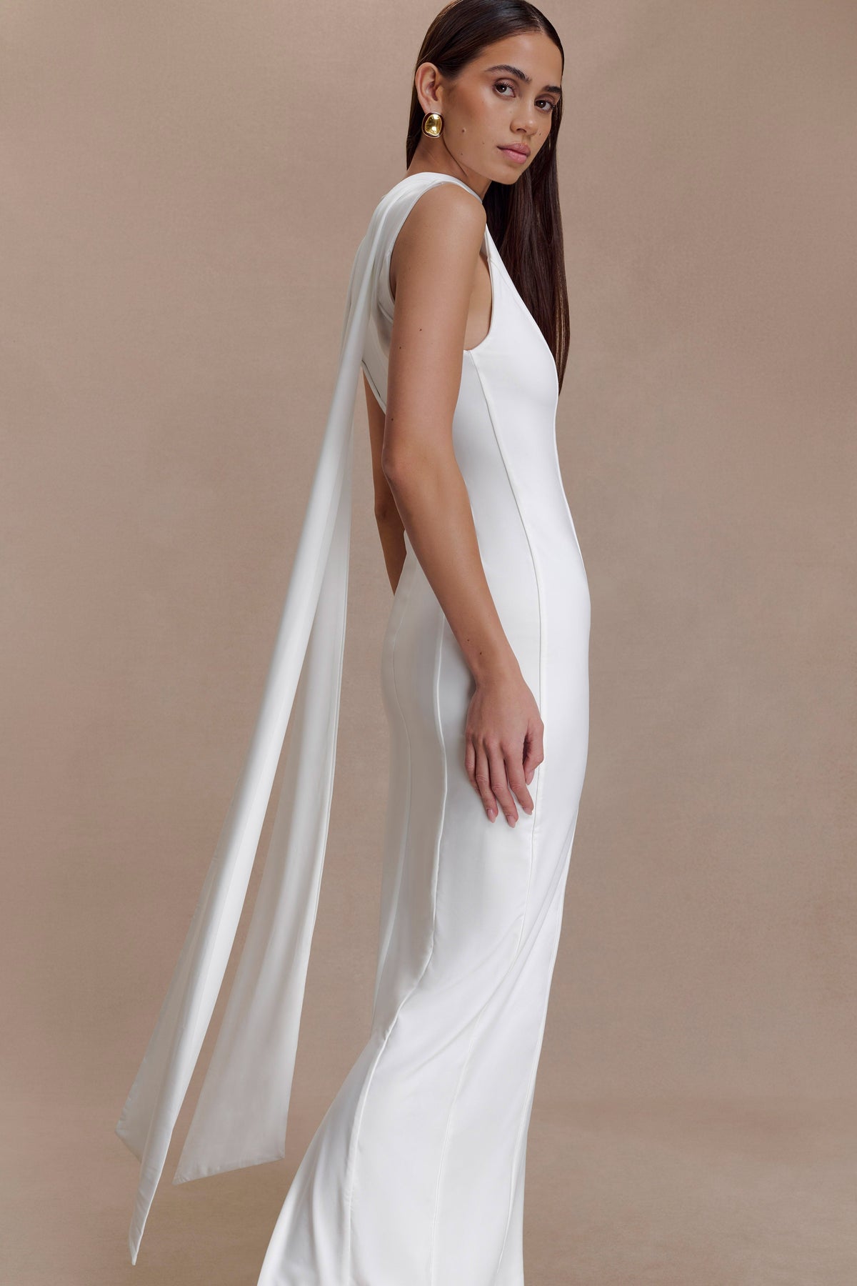 Wisteria Slinky Maxi Dress With Scarf - White