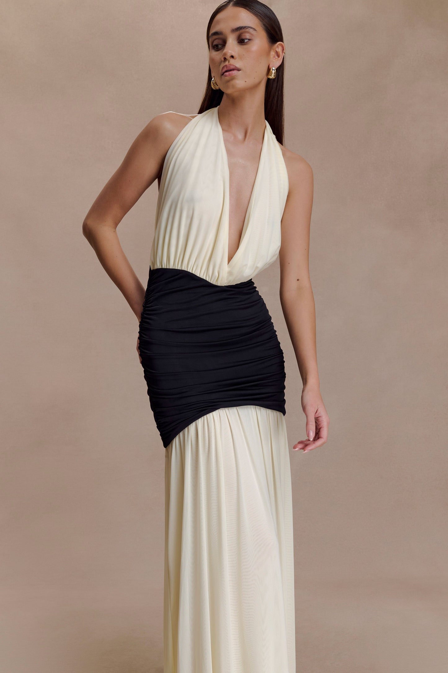 Hailee Slinky And Mesh Halter Maxi Dress - Black/White