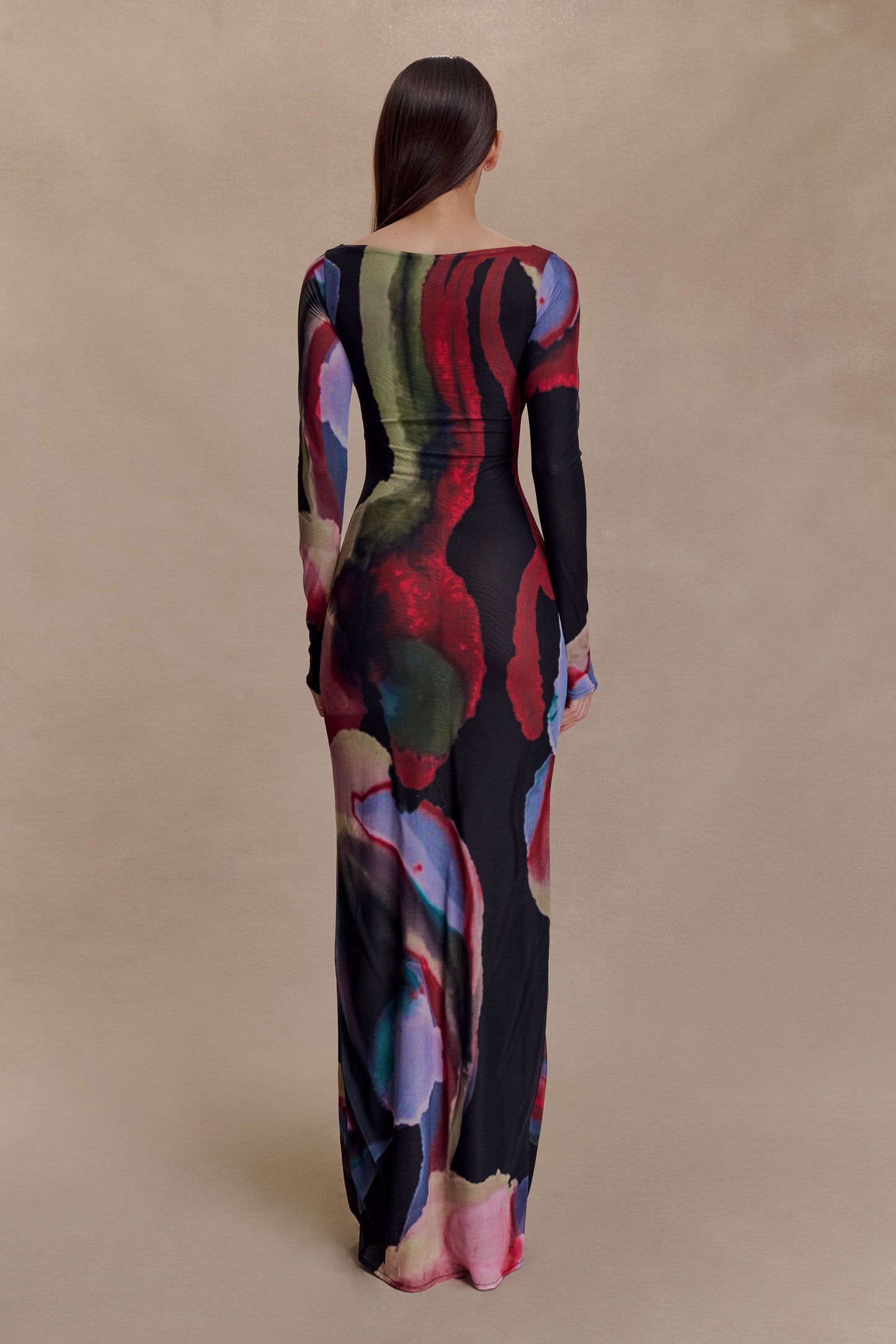 Soraya Long Sleeve Mesh Maxi Dress - Multi Fluid Reverie Print