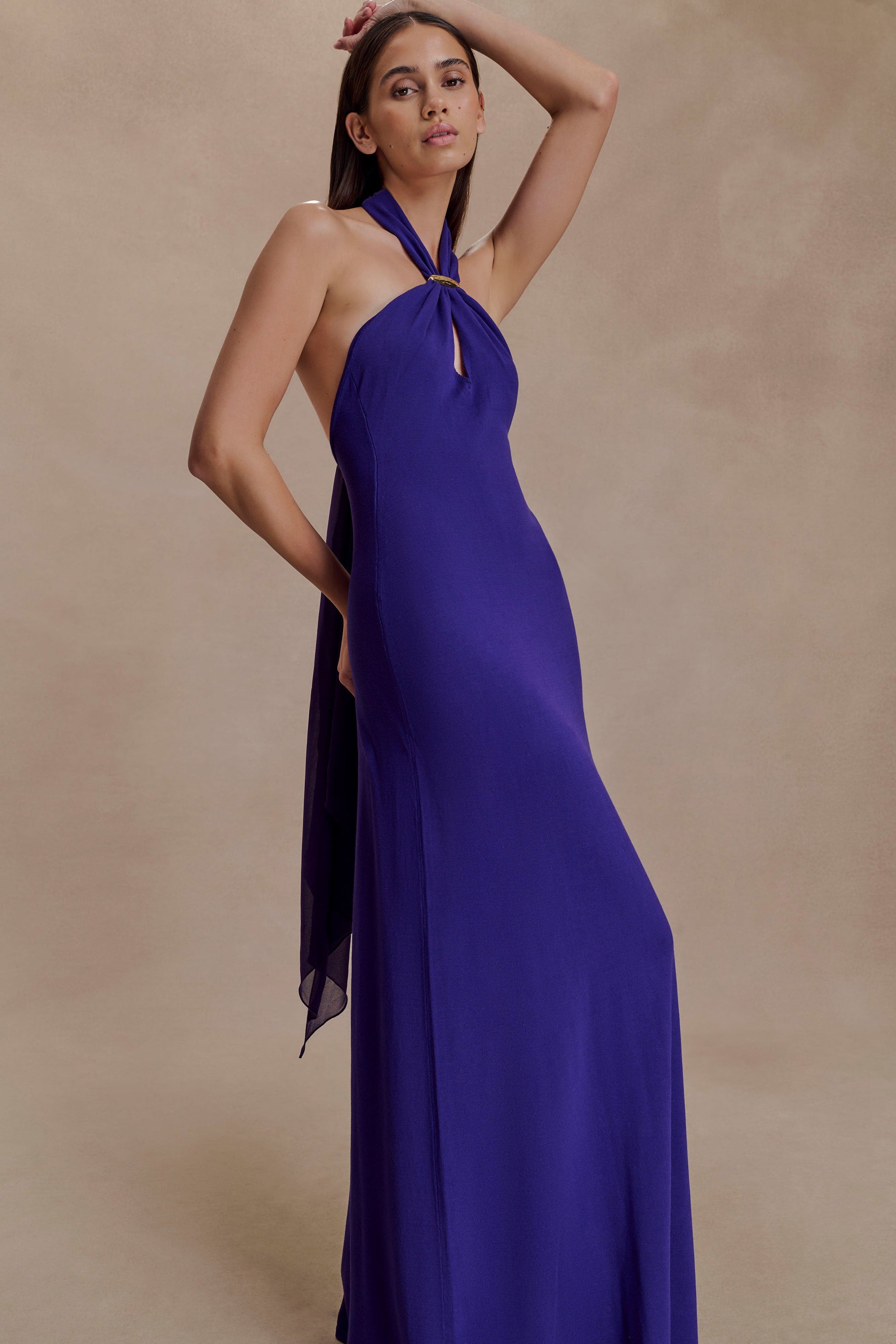 Ozias Halter Semi Sheer Knit Maxi Dress - Deep Purple #4