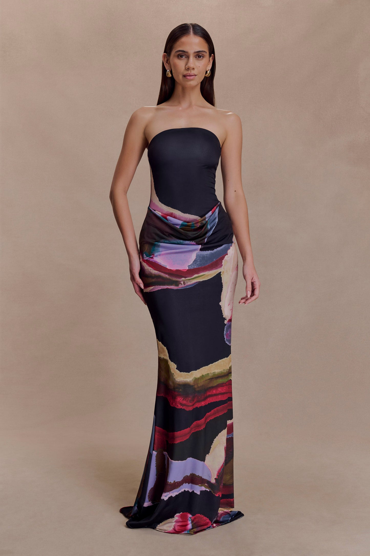 Madison Strapless Slinky Maxi Dress - Multi Fluid Reverie Print