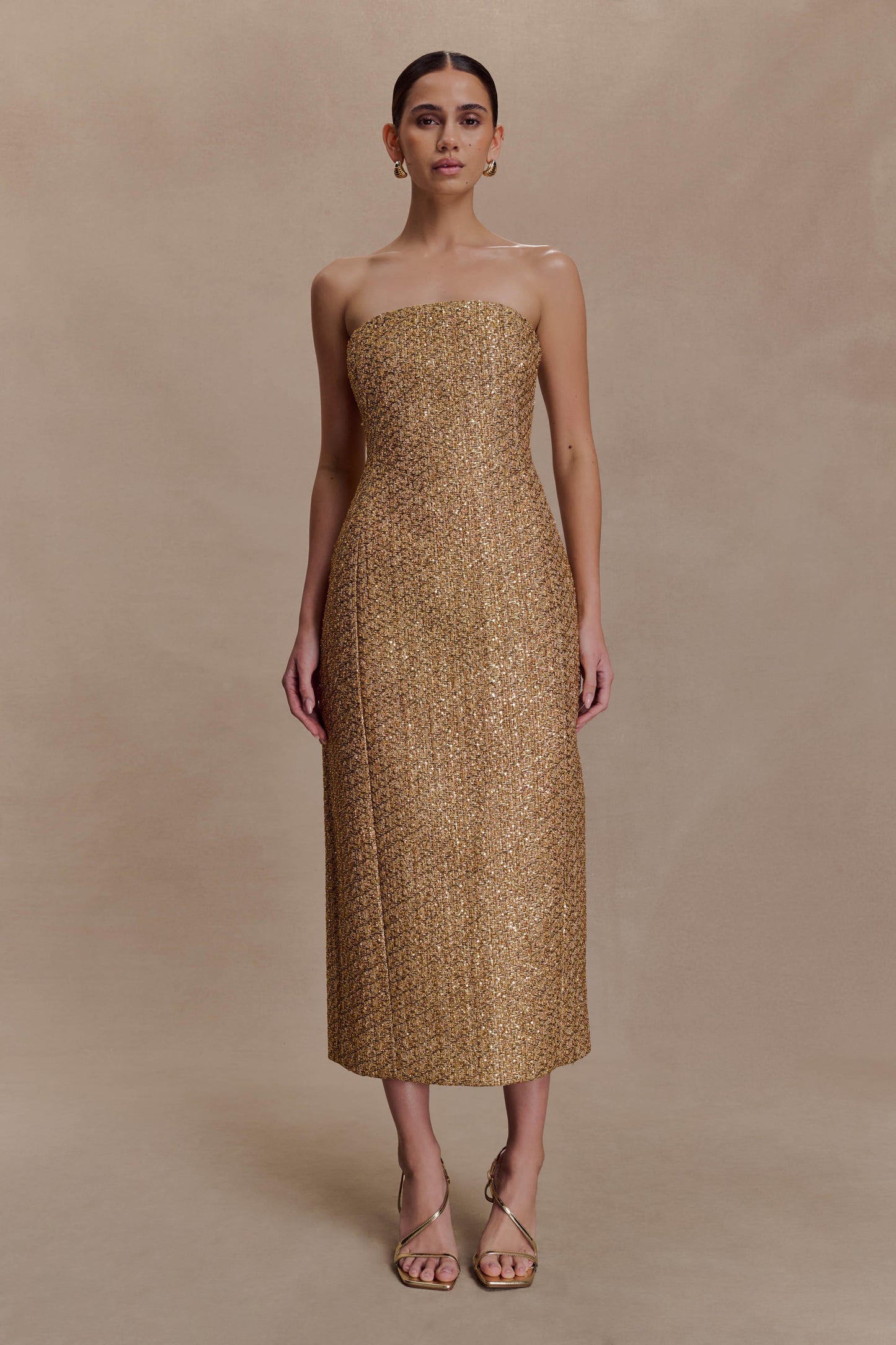 Gala Strapless Tweed Midi Dress - Gold