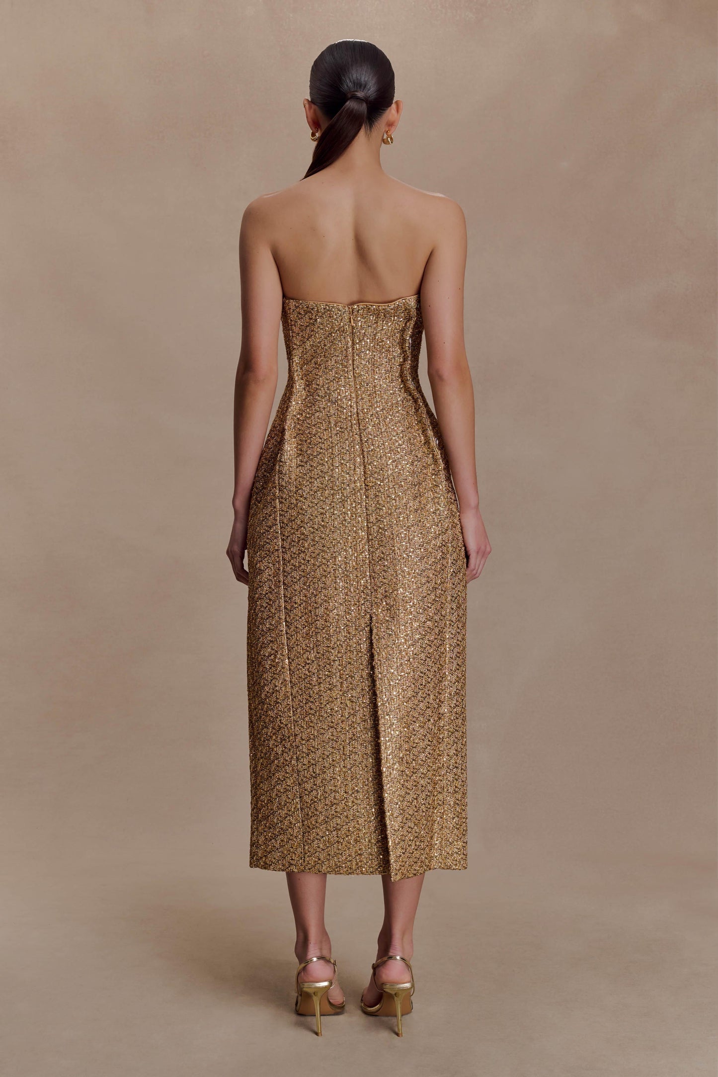 Gala Strapless Tweed Midi Dress - Gold