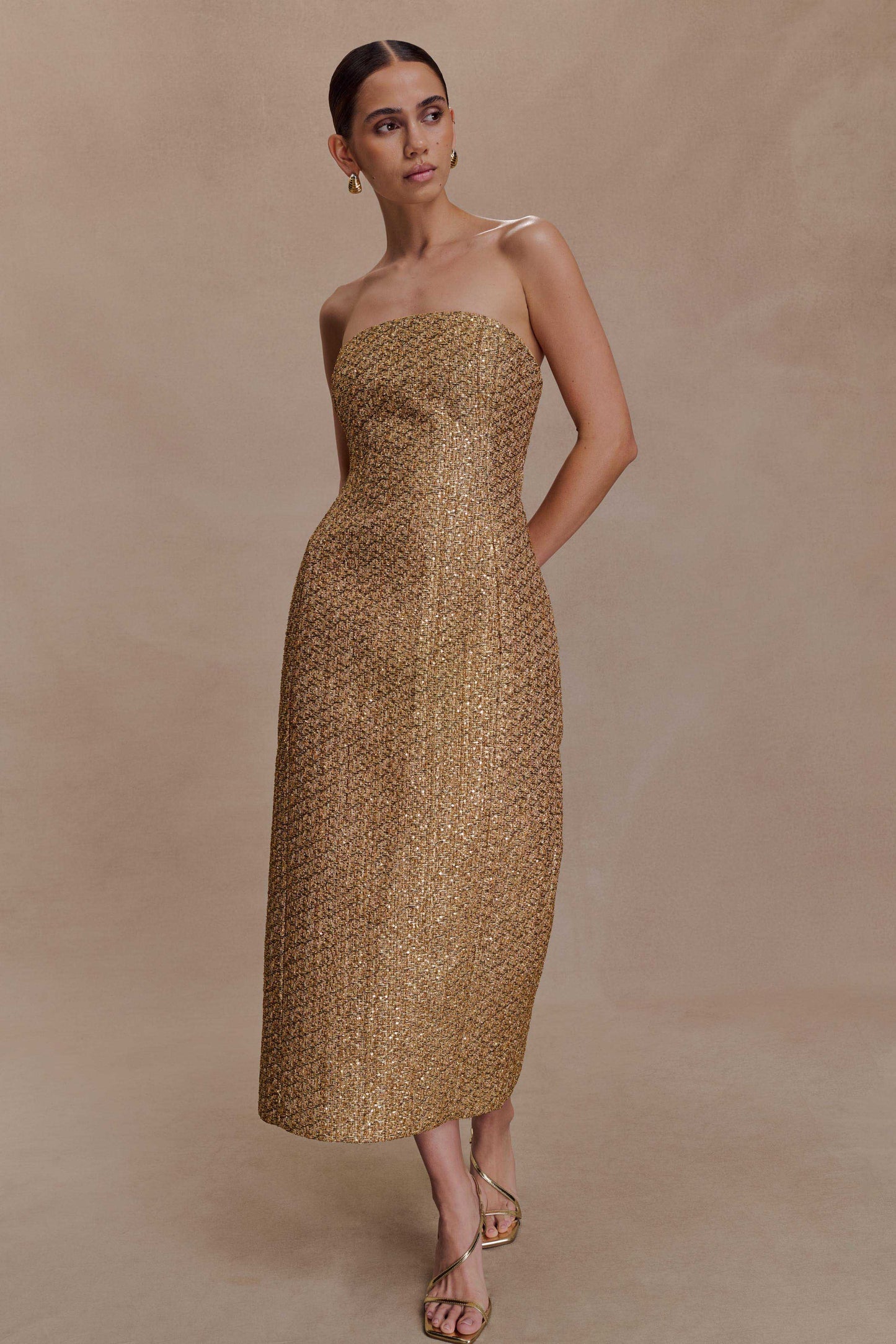 Gala Strapless Tweed Midi Dress - Gold