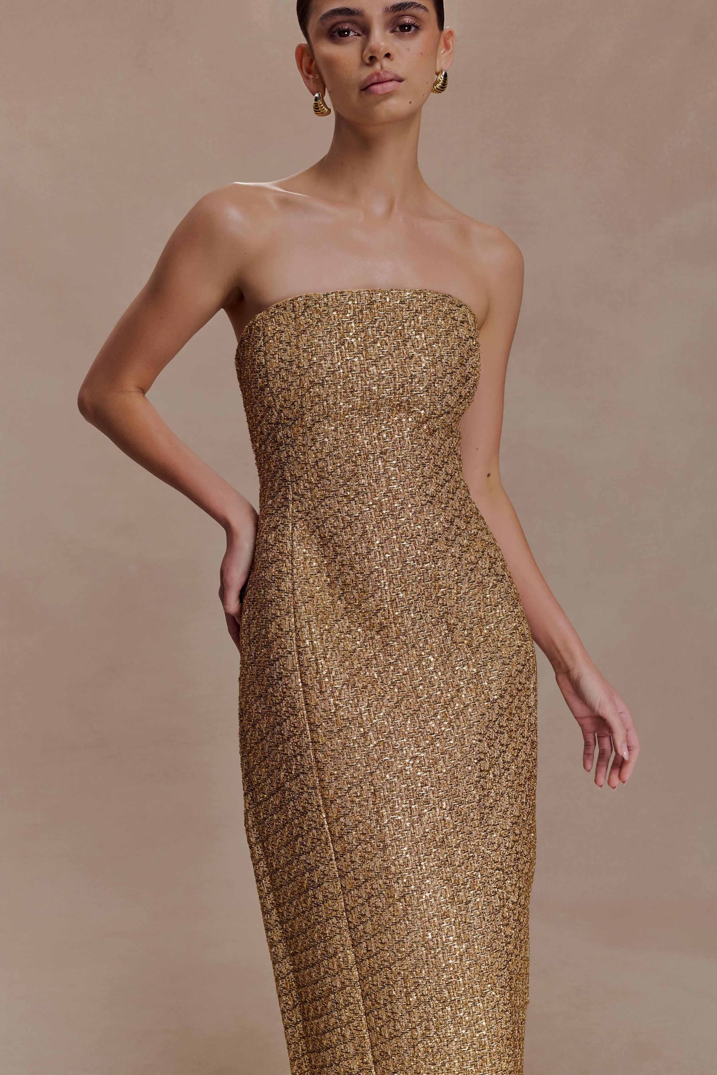 Gala Strapless Tweed Midi Dress - Gold