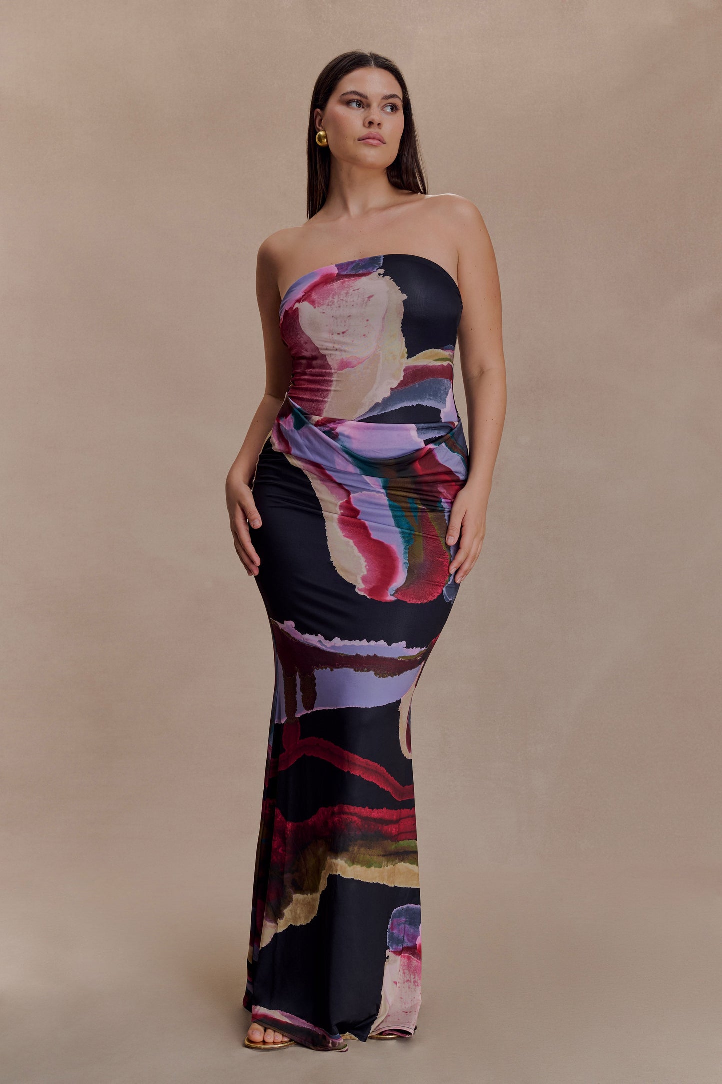 Madison Strapless Slinky Maxi Dress - Multi Fluid Reverie Print