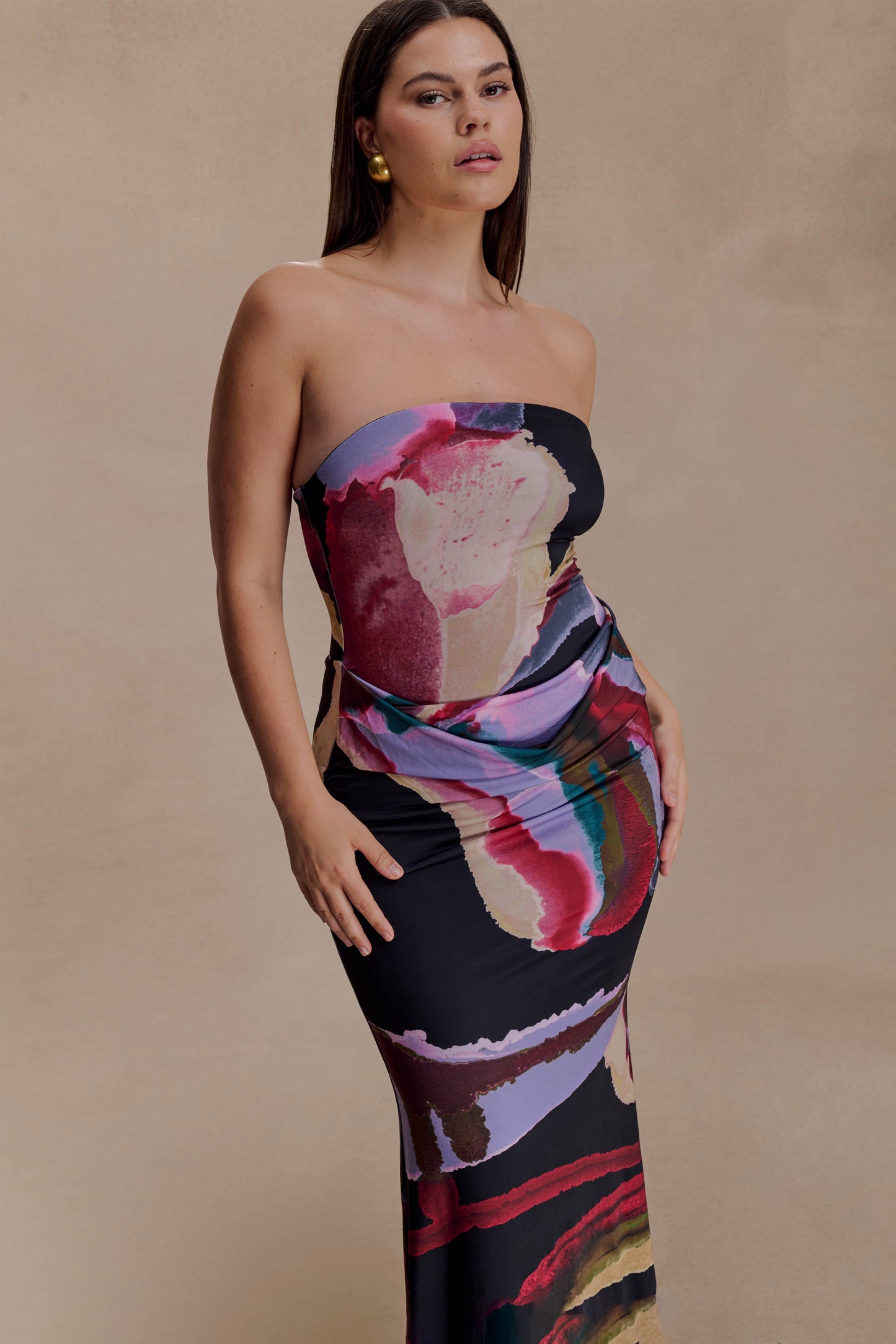 Madison Strapless Slinky Maxi Dress - Multi Fluid Reverie Print