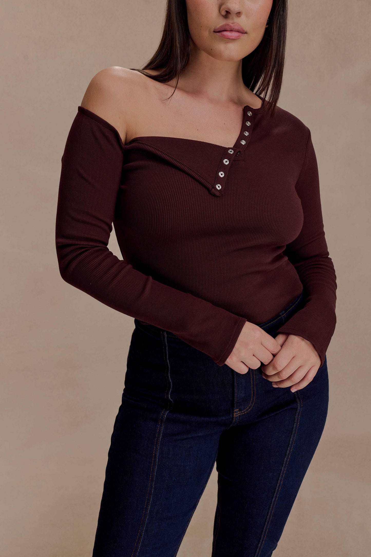 Maelle Off Shoulder Long Sleeve Top - Deep Chocolate