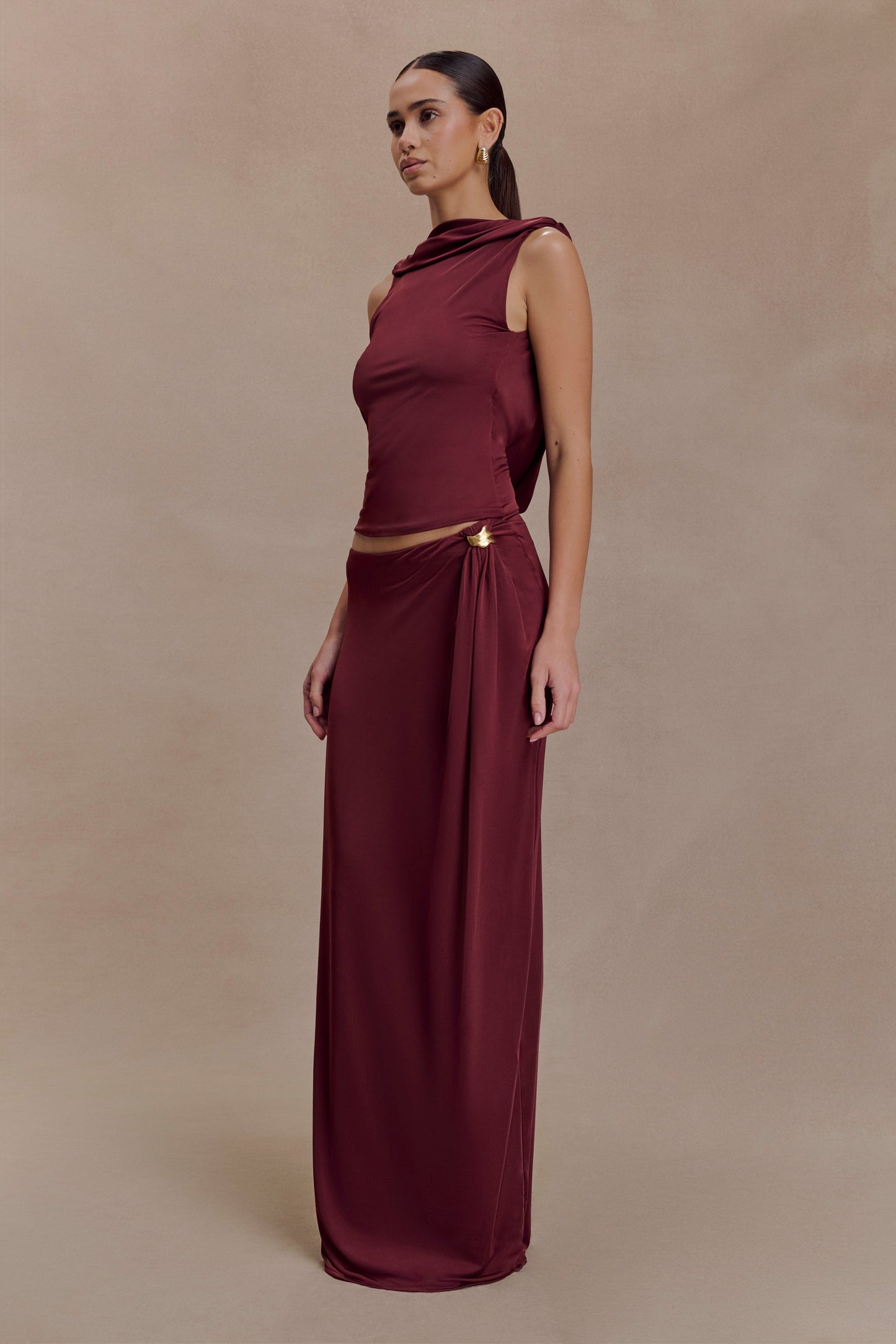 Bridget Slinky Maxi Skirt With Hardware - Burgundy