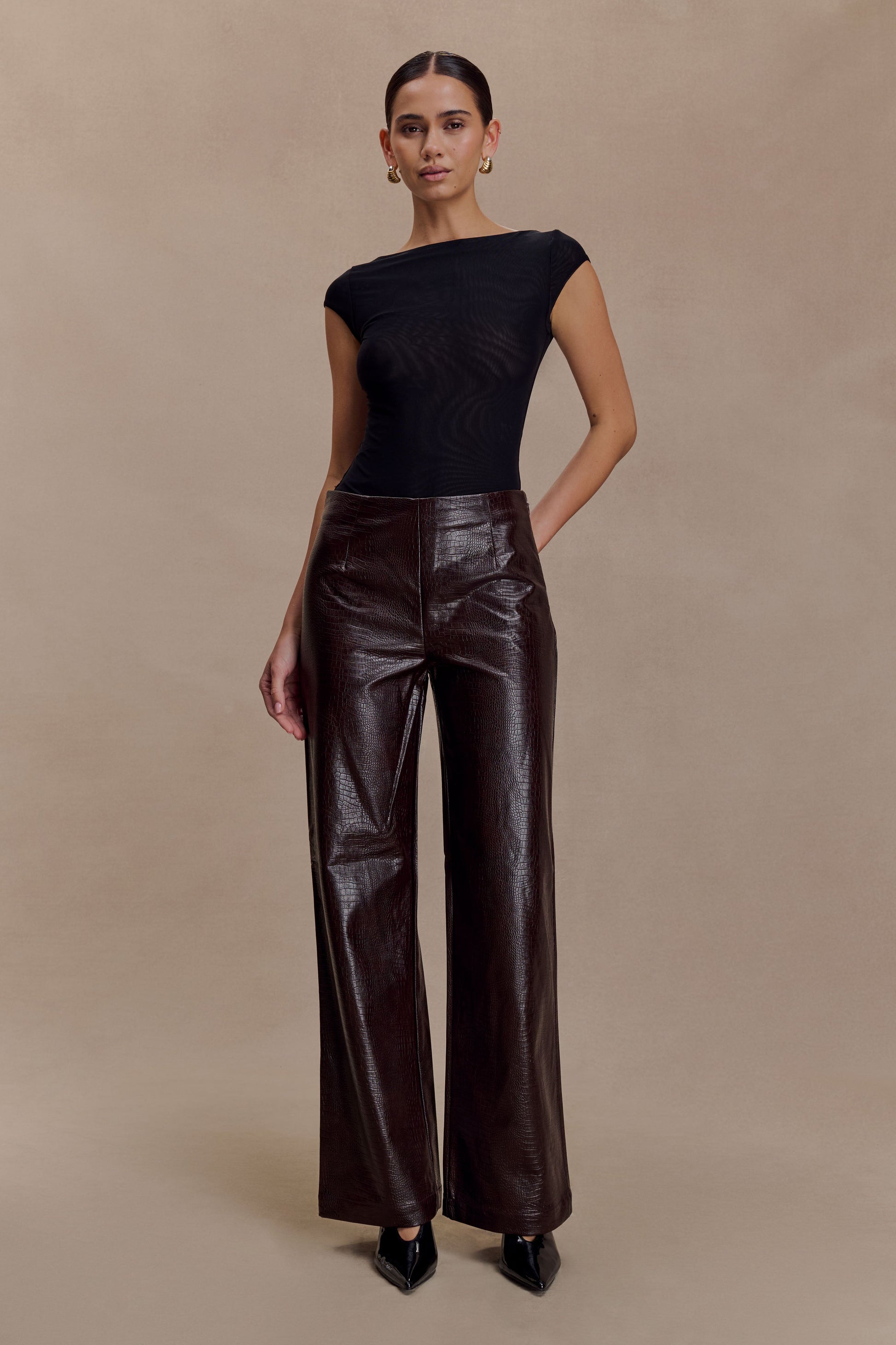 Henry Croc Faux Leather Straight Leg Pants - Dark Chocolate #8