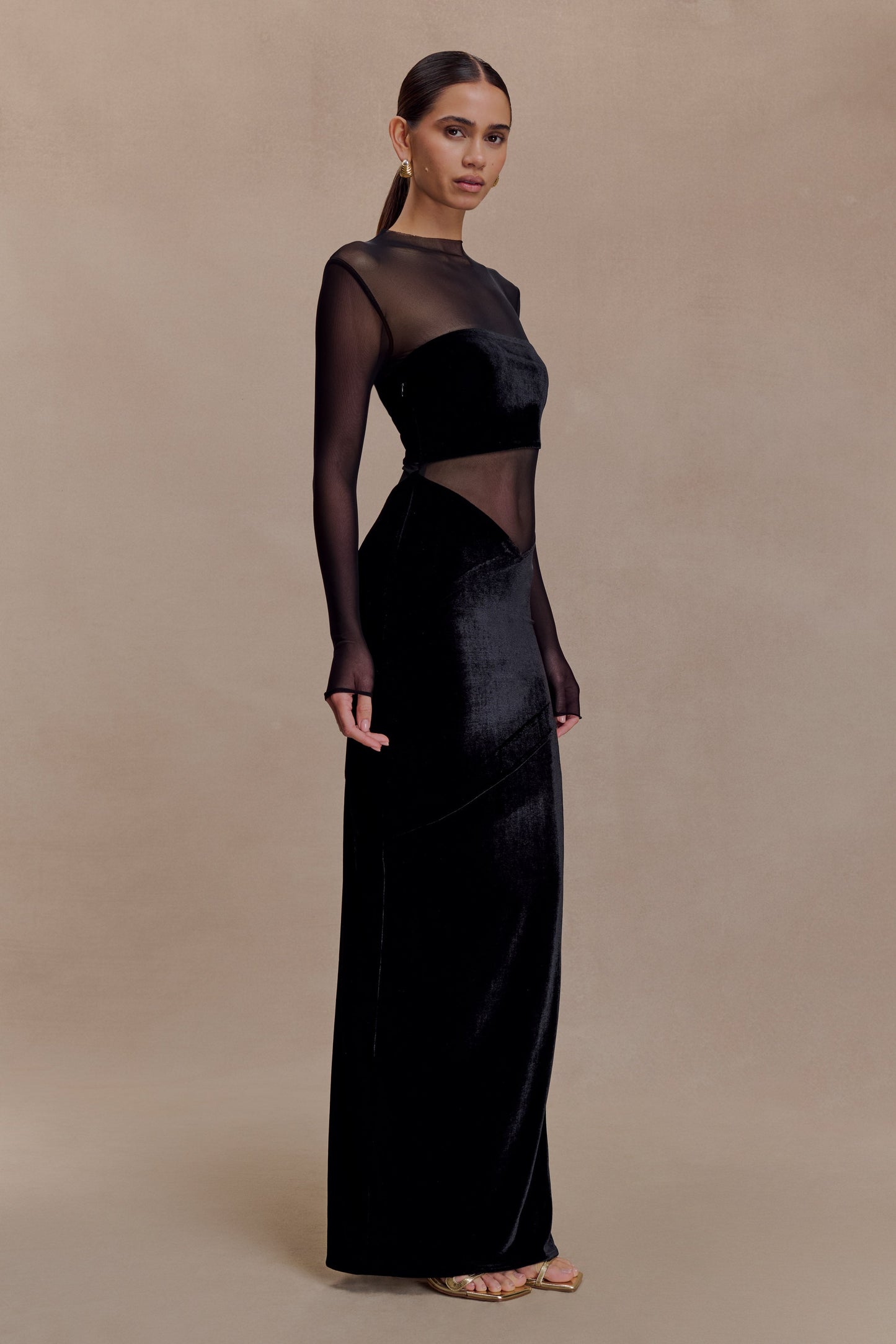 Davina Velvet And Mesh Maxi Dress - Black