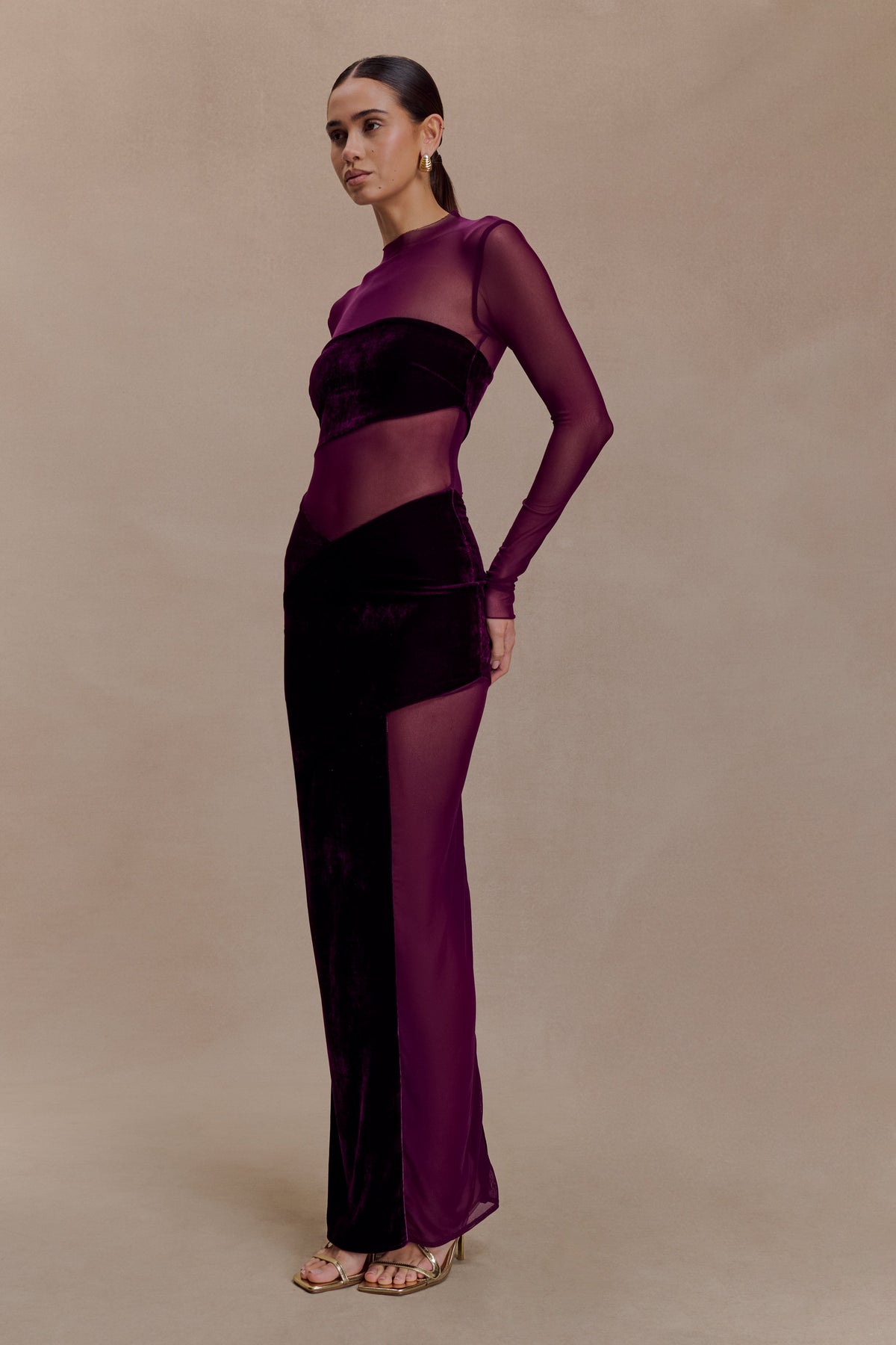 Davina Velvet And Mesh Maxi Dress - Purple