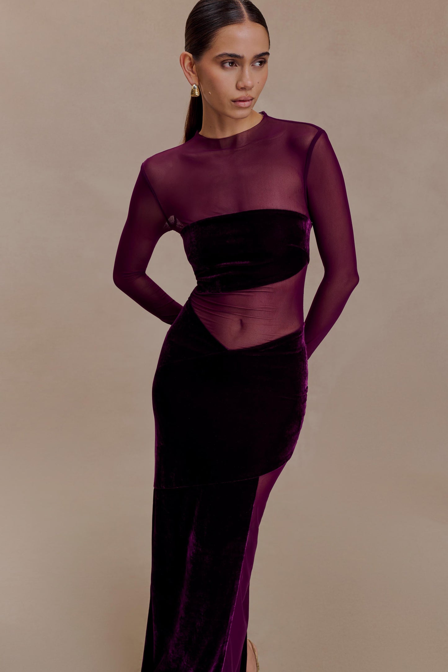 Davina Velvet And Mesh Maxi Dress - Purple