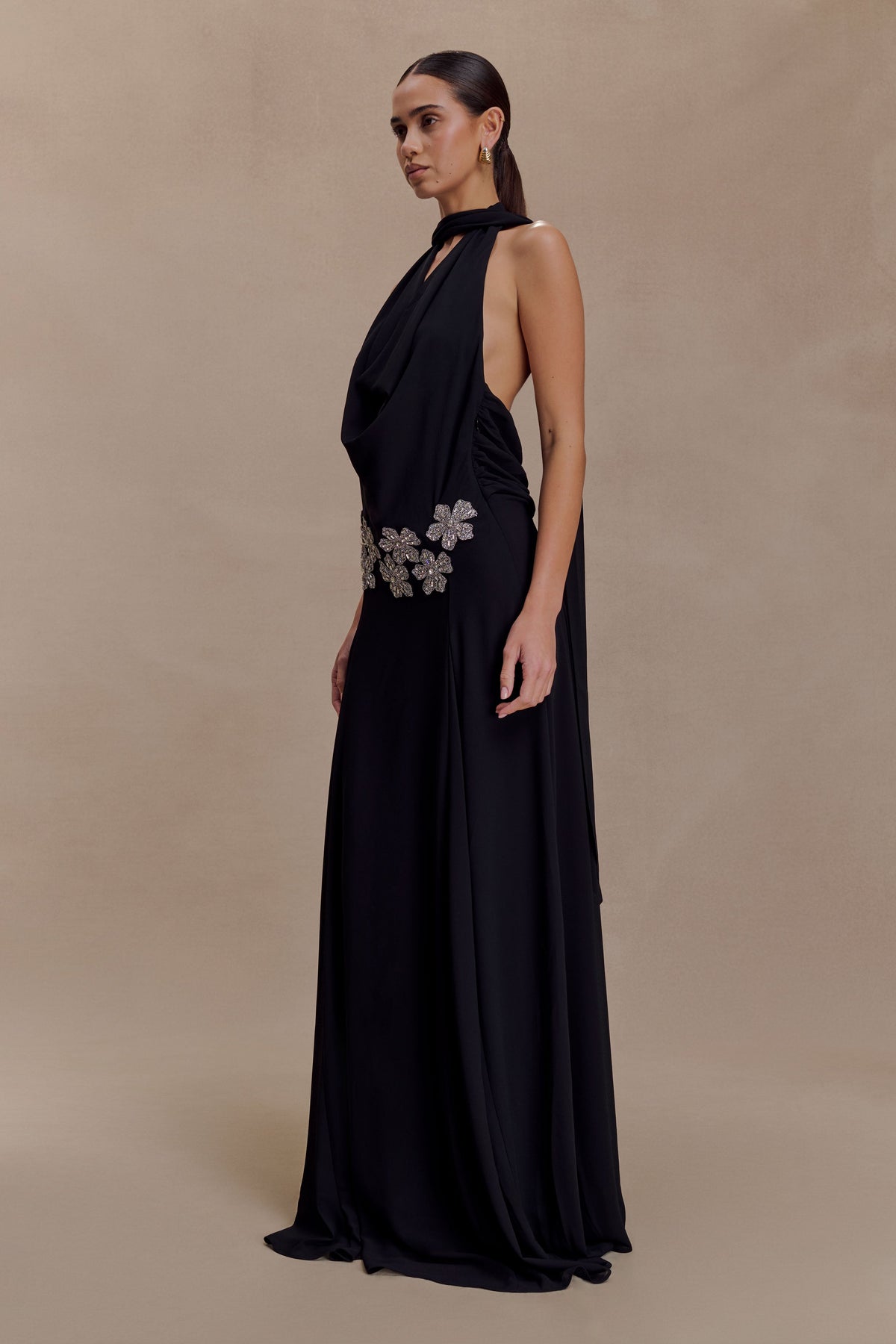 Santal Floral Chiffon Halter Maxi Dress - Black