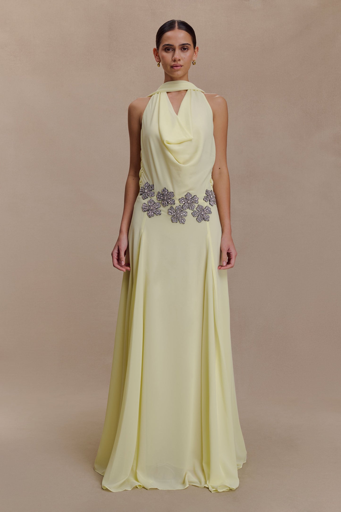 Santal Floral Chiffon Halter Maxi Dress - Lemon