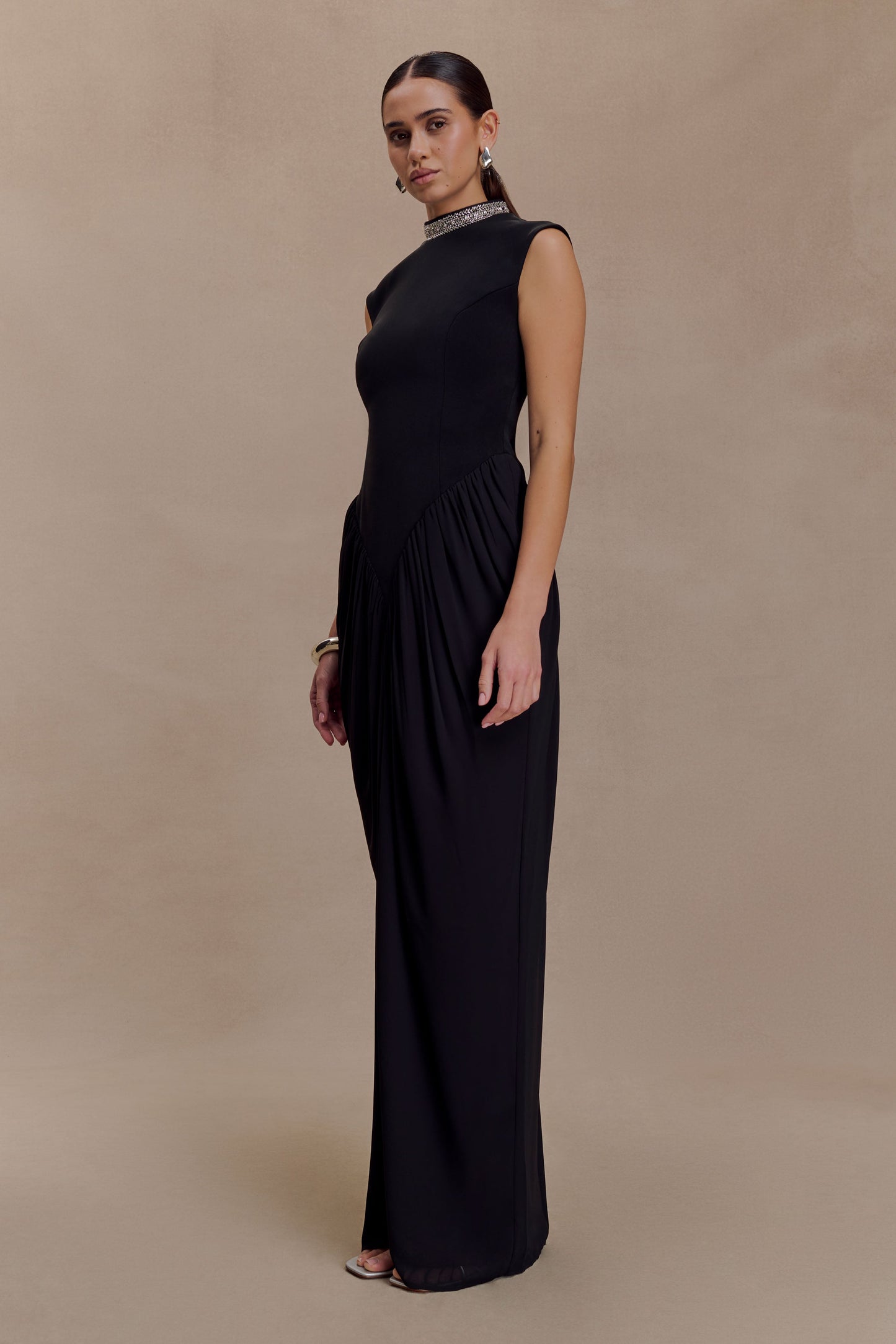 Elisa Diamante Neck Maxi Dress - Black