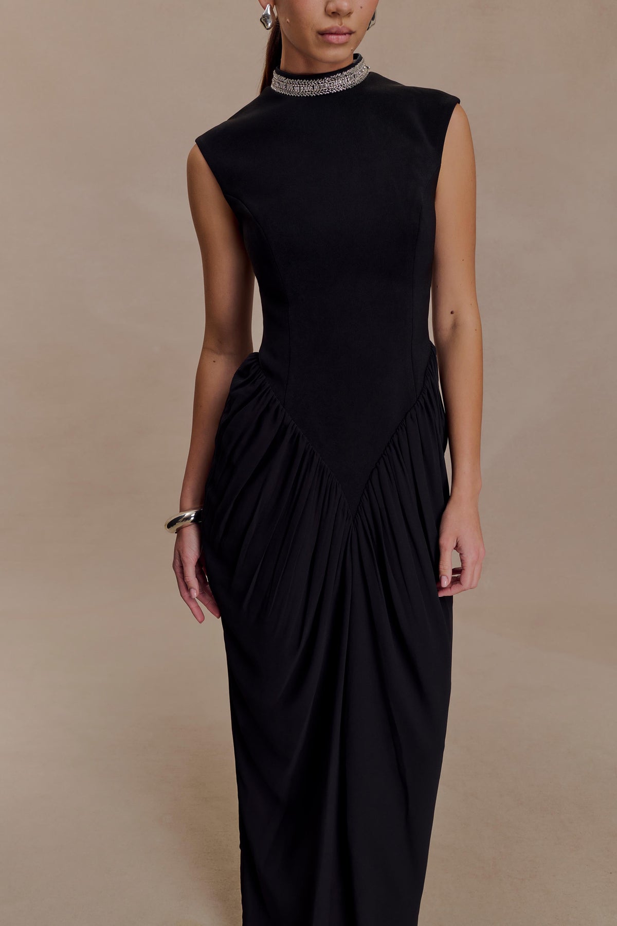 Elisa Diamante Neck Maxi Dress - Black