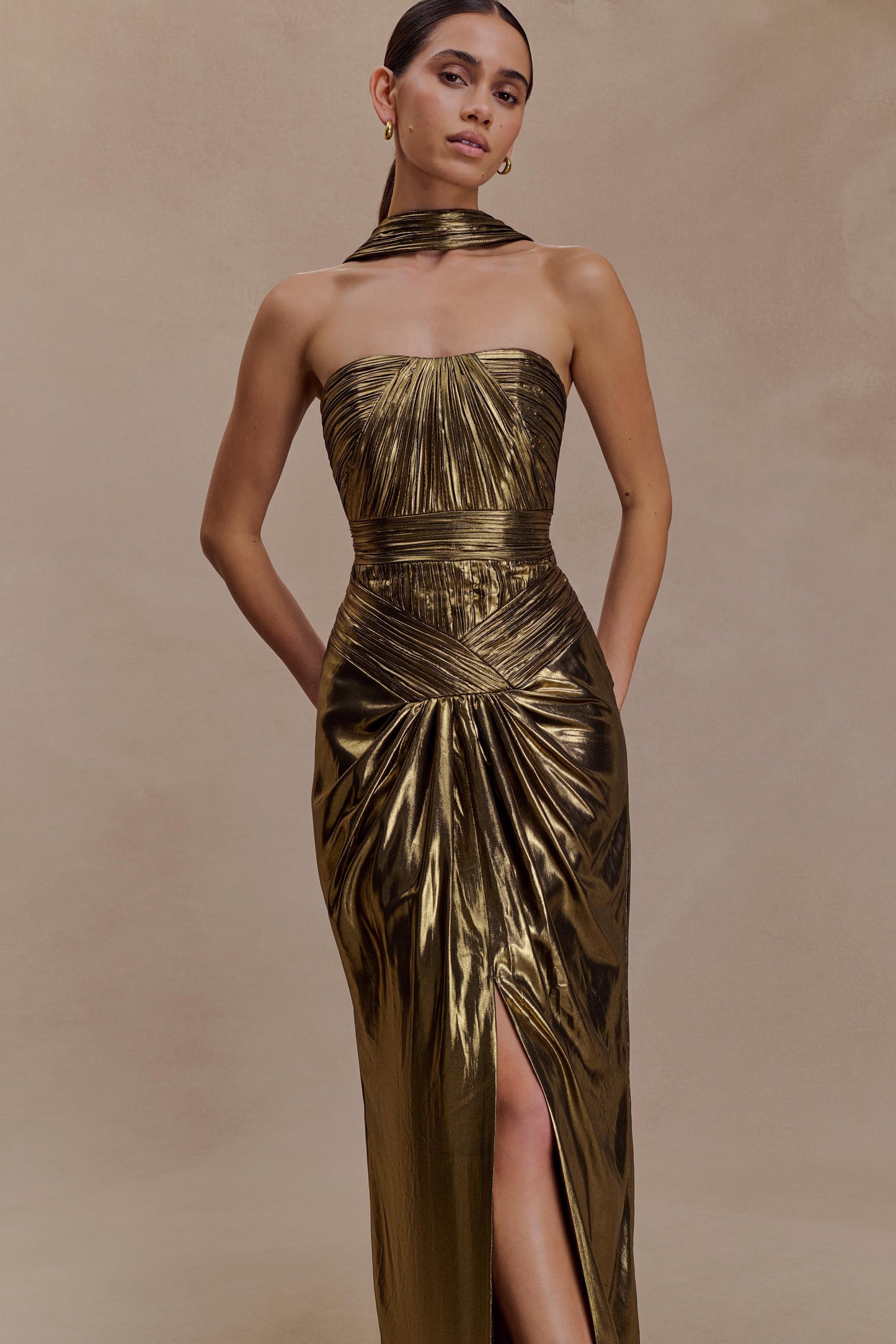 Clemence Plisse Maxi Dress - Gold