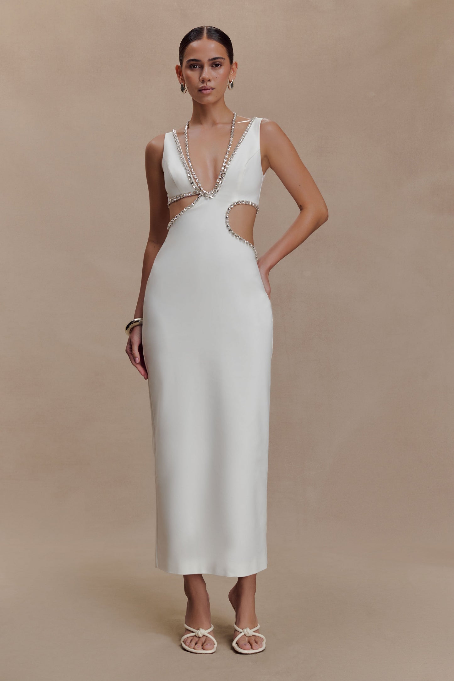 Henny Diamante Trim Cut Out Midi Dress - White