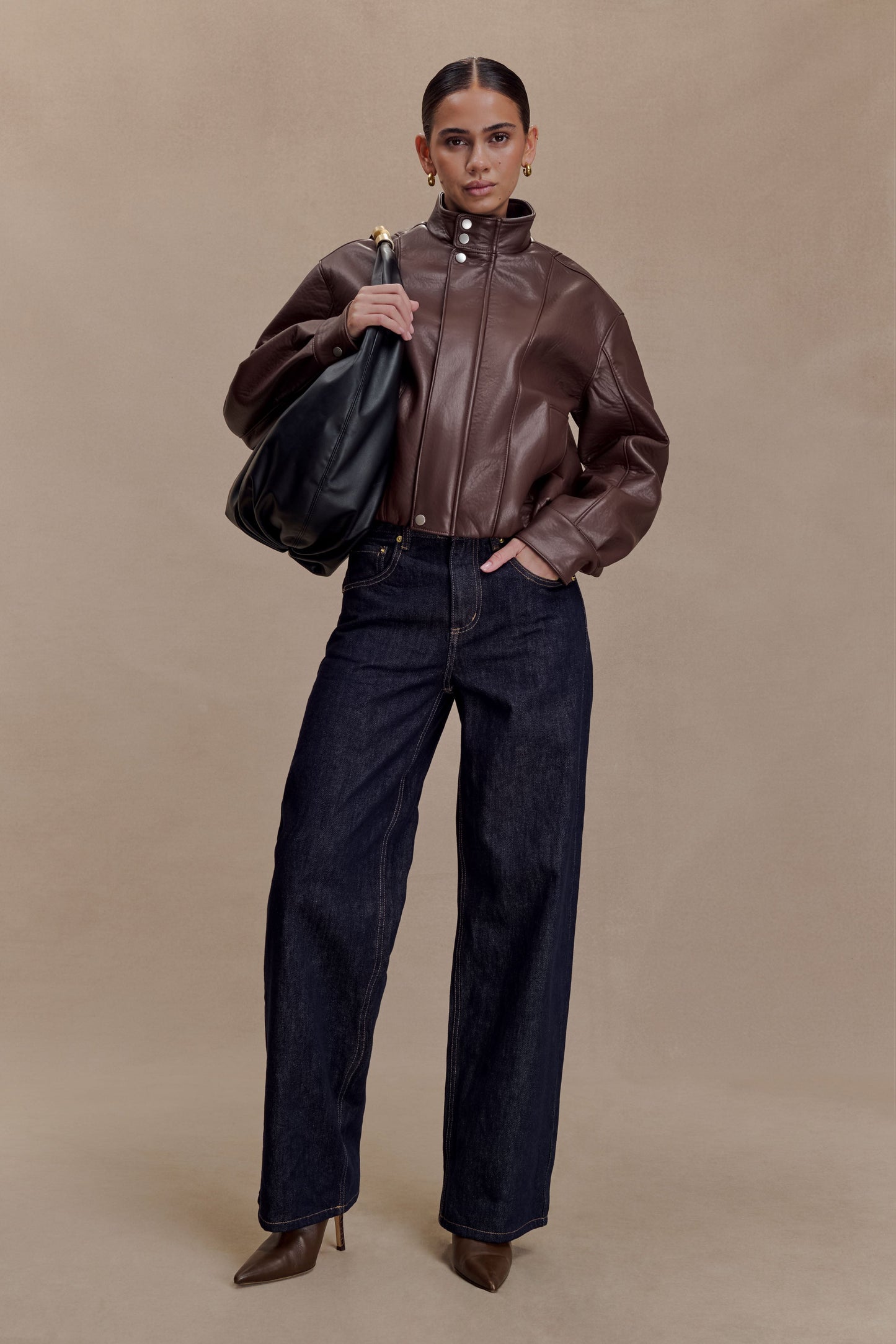 Curtis Faux Leather Bomber Jacket - Dark Chocolate