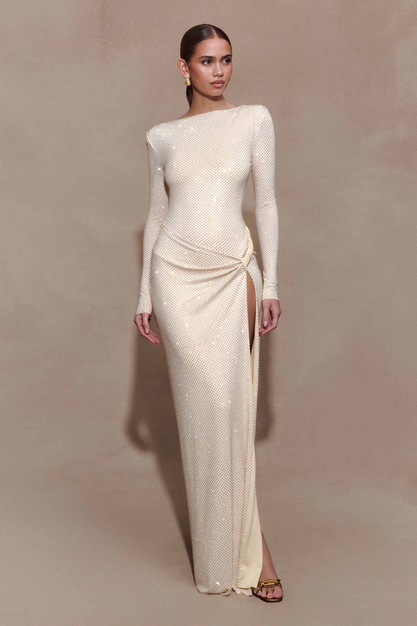 Deanna Long Sleeve Diamante Maxi Dress - Gold