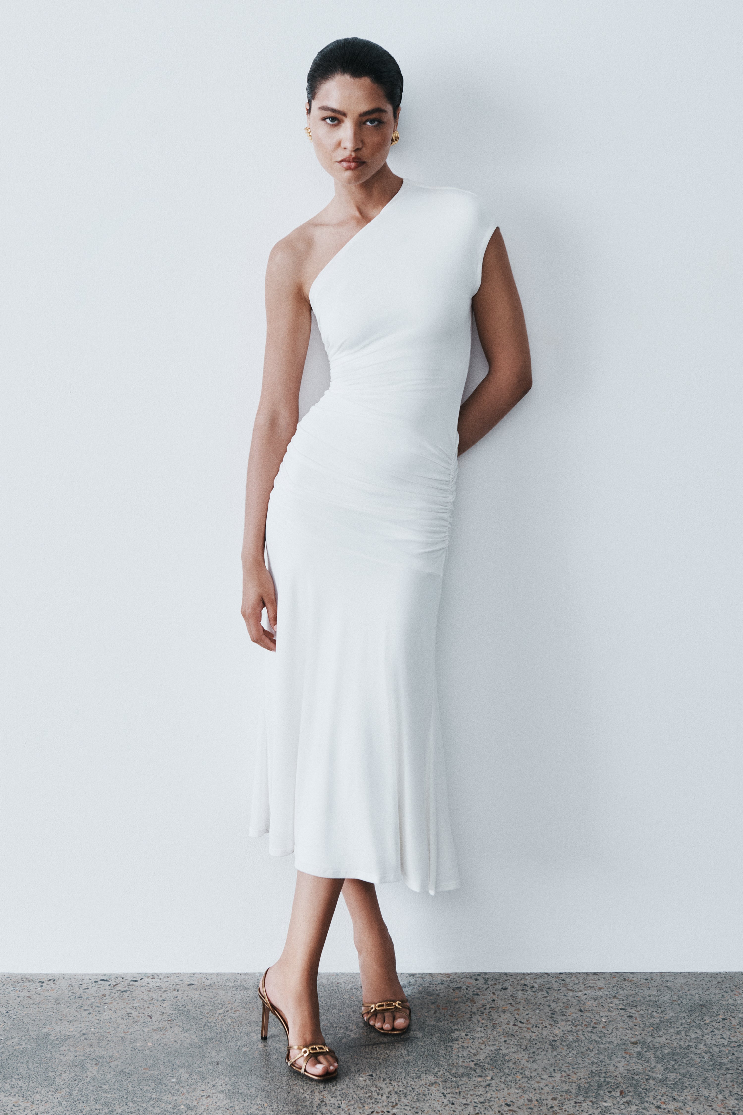 Chloe Peached Jersey One Shoulder Midi Dress - Ivory | MESHKI UK