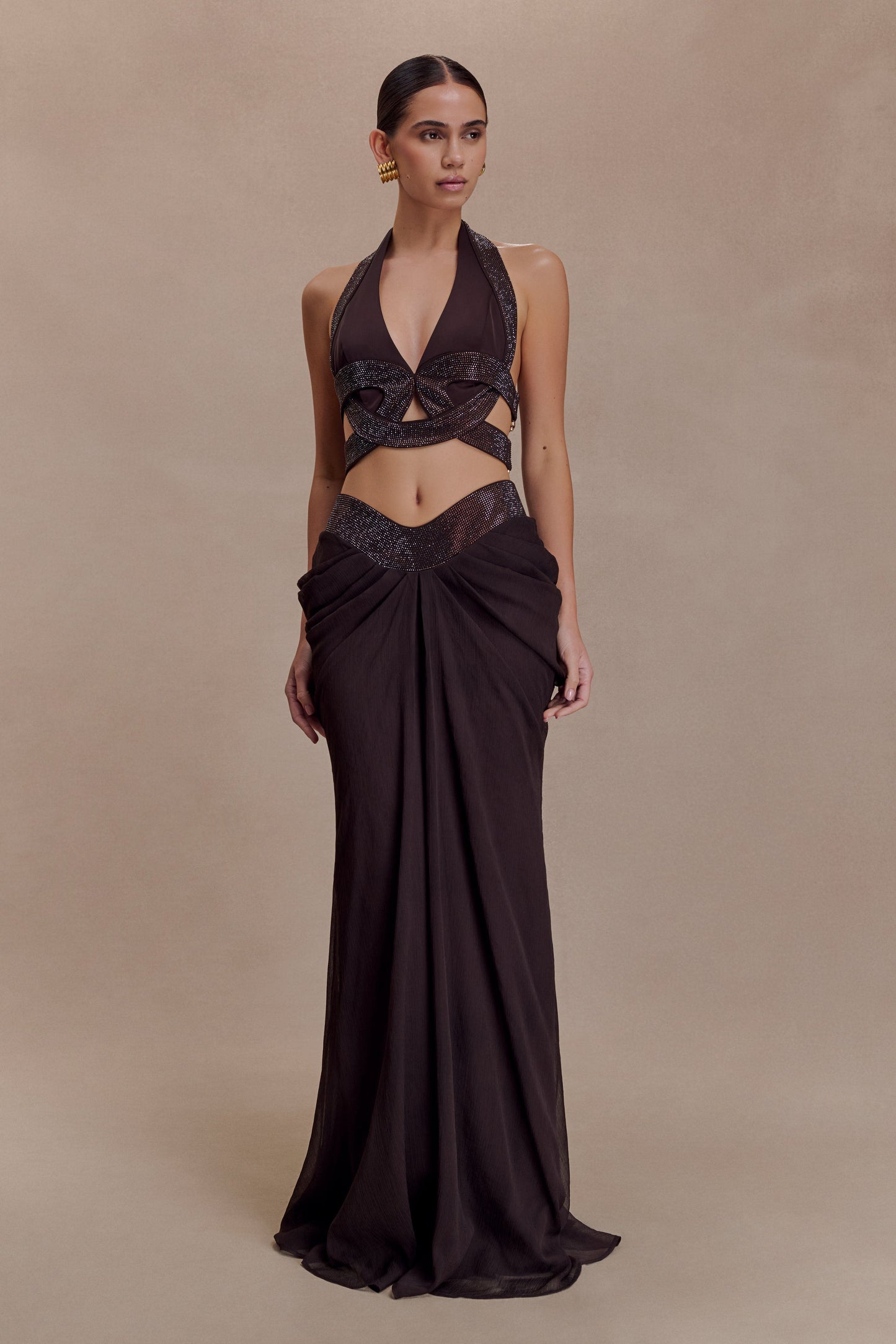 Siren Satin And Diamante Halter Top - Dark Chocolate